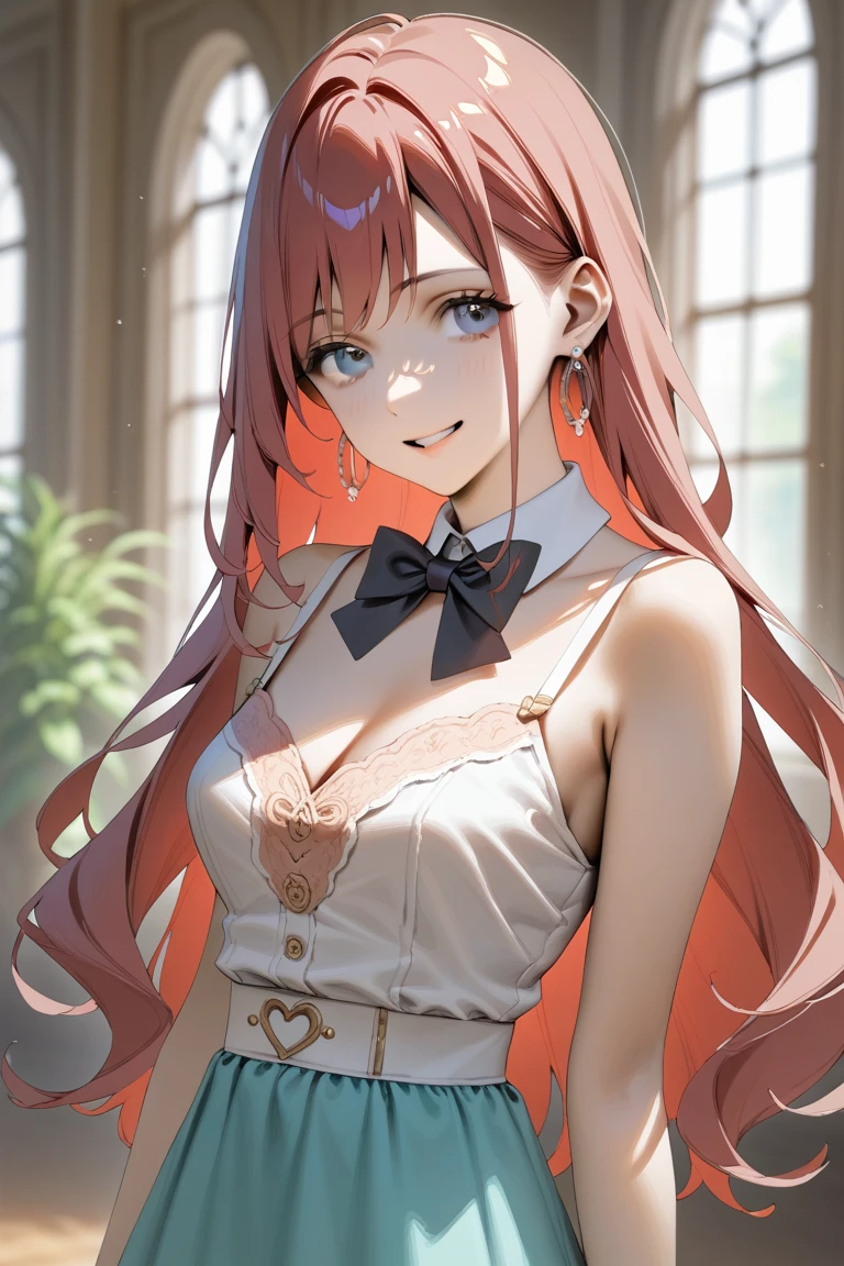 A full-color half-body portrait of the ideal beautiful Hispanic woman (((24 years old, wavy hair, wide hips, big butt, sultry, flirty smile, flirty eyes, flirty expression, perky breasts, hands on her hips, crop top and pleated skirt))) comforting the viewer, Highly detailed eyes, in an apartment