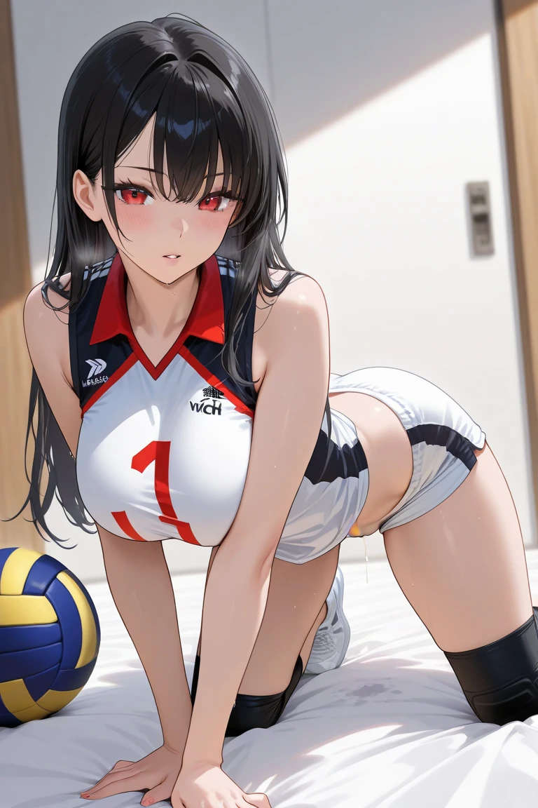 unity 8k wallpaper, anatomically correct,  (((masterpiece))), (((best quality))), (((ultra detailed))), (((high-resolution))), ((super fine illustration)), ((Ultimate cutie)), ((detailed beautiful face)), ((perfect hands)), perfect finger, (((good anatomy))), Solo, One girl, 17 years old, potbelly, (Curve), (plump), medium breasts, ((thick thighs)), Shiny hair, (A look of regret), (((Tearfully))), ((blush)), BREAK, Adidas, (((Buruma))), (Sleeveless Volleyball Uniforms), head band, ((wristbands)), ((Kneepads)), BREAK, ((Hold a beautiful Perfectly spherical 6" volleyball with both hands)), slouching forward, ((Sweat)), (perspired), (Heavy breathing), Sense of depth, in gymnasium, Lighting, (Looking down), cowboy shot
