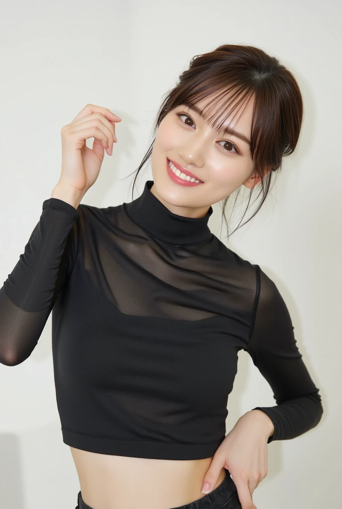 (Highest quality, 4K, 8k, High resolution, masterpiece:1.2), Very detailed, (Realistic, photoRealistic, photo-Realistic:1.37)、smile、Japanese、(Navy blue high neck sleeveless shirt)、(((Bukkake)))、Lips parted,