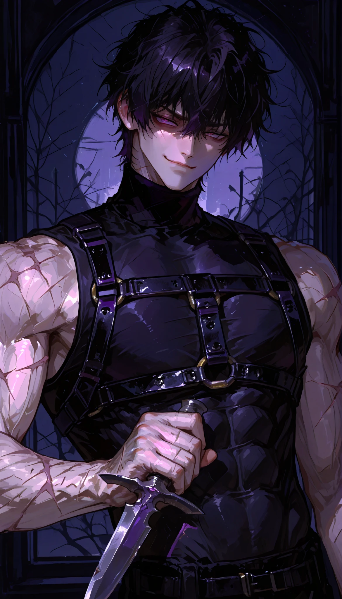 784cm style, handsome, short hair, purple eyes, tight black turtleneck, sleeveless, abs, muscles, (scars, harness strap, holding a dagger), black hair, messy hair, smirk, night background, closed mouth