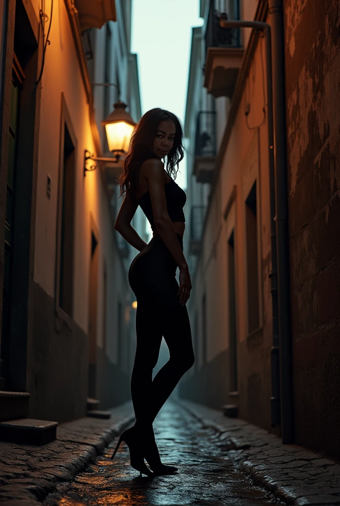 RAW, Best quality, high resolution, work: 1.3), Red heels (iu:0.8),8K, Masterpiece, RAW photo, Best quality, detail:1.2),Photorealistic, Extremely detailed Cg Unity 8K wallpapers, Depth of field, street light, Lens flare, Ray tracing, (Extremely sexy legs in red heels, intricate detail legs, ((ultra detailed skin)) 1 girl In a dark street, deepshadow, Pretty black girl,(Very slim and slender muscular body:1.3), ((view the viewer)),(City Night, (street light), (Night), Pretty malay girl, red heels, Pantyhose,Walking , (brown skin),((leg shot))