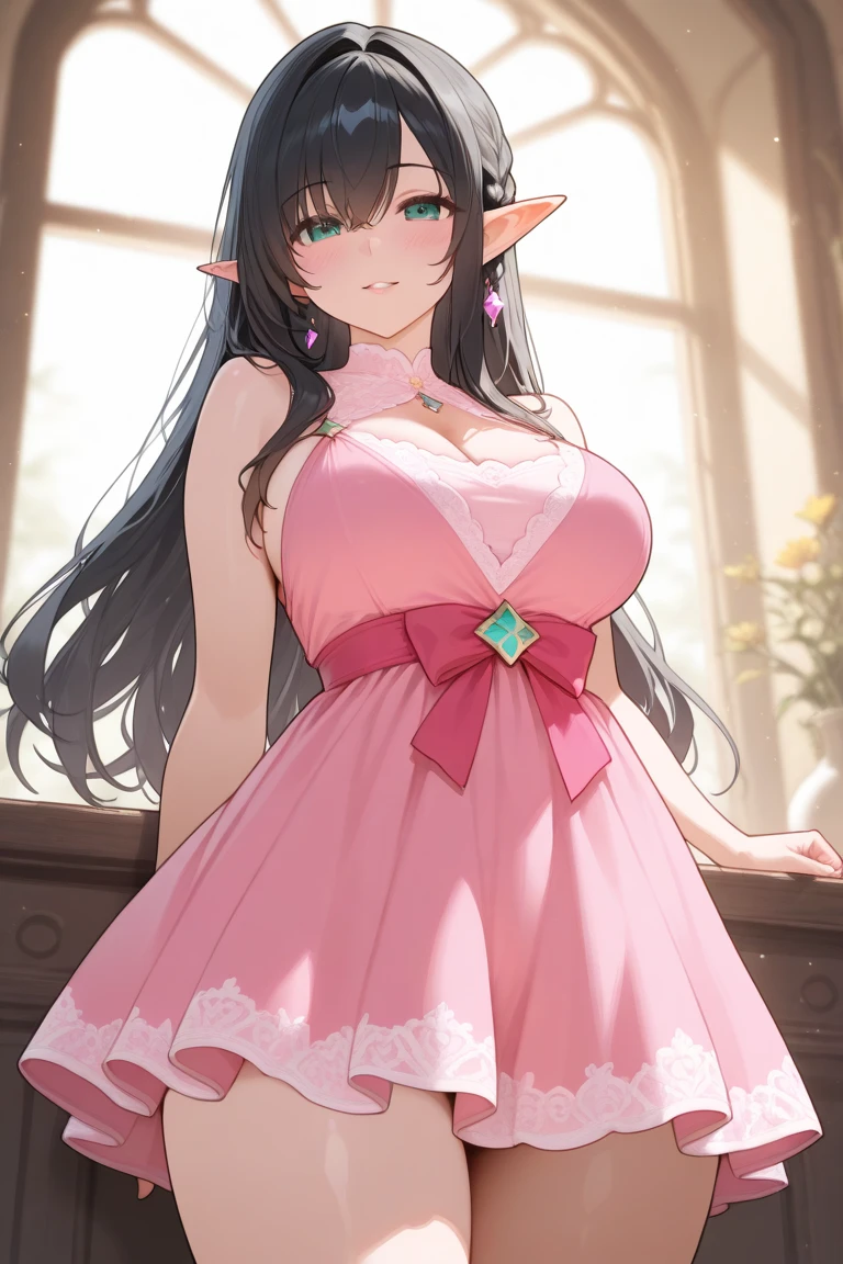 realistic image, coherent image, detailed image, 1 beautiful elf. She has long hair, turquoise black hair. Turquoise eyes, long eyelashes. Her face is oval and delicate. smiling with open mouth, blushing. She is wearing a wedding dress with a mini skirt, stockings up to her mid-thigh. She has a curvy body, medium breasts and thick thighs. She carries a bouquet of flowers. Flower petals falling around her. black background, uniform background.