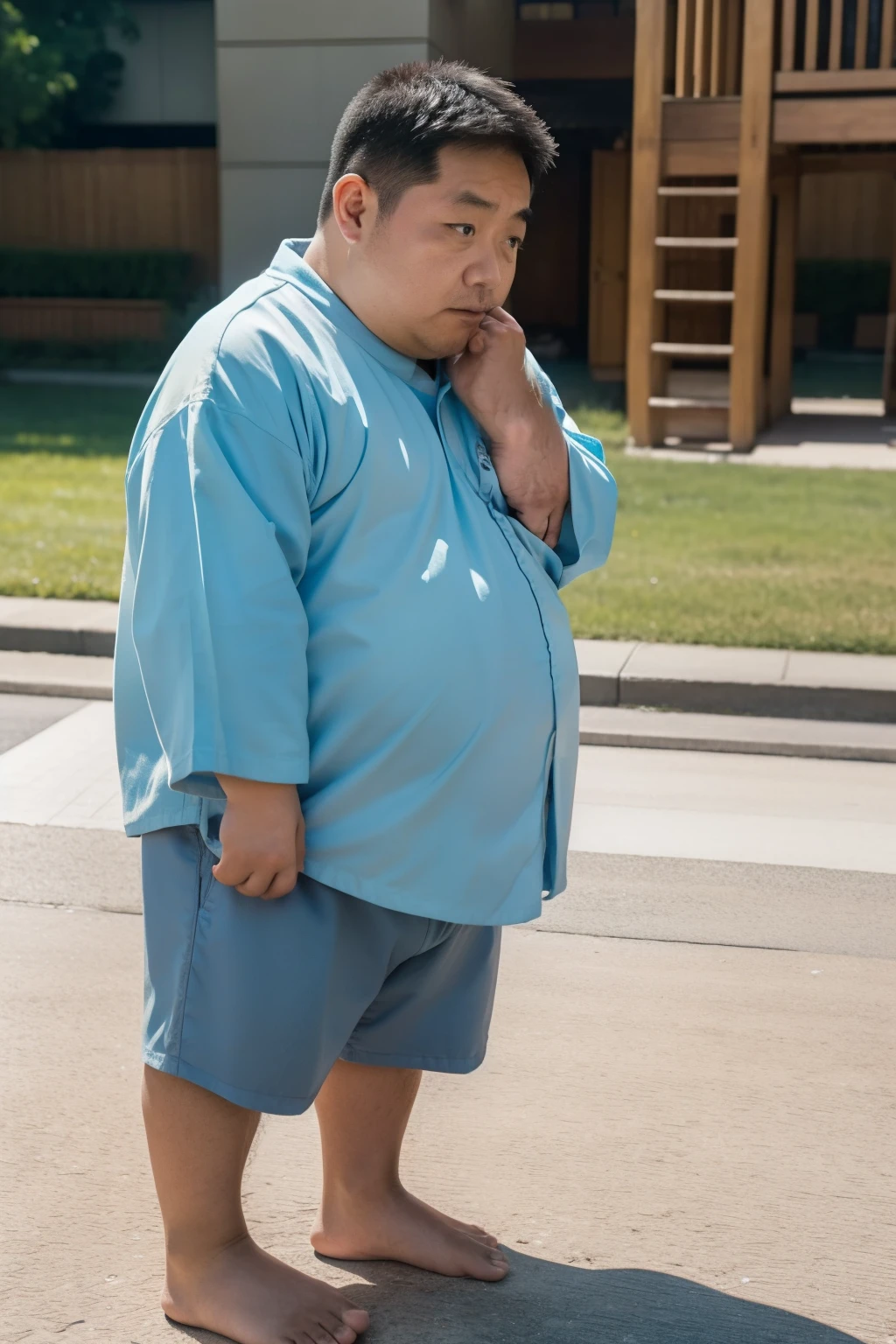 Thick Japan middle-aged man in his 50s, 1man, retarded, Human, Dwarfism, He wears a Light blue kindergarten uniforms, ((peeing self, wetting self, pee stains,)), ((trembling, fear expression, scared, looking at viewer)), kindergarten background, It's a sunny day, Incontinence, He stand and cried in playground, Full body, a picture, 8k, high detail photo, Masterpiece,