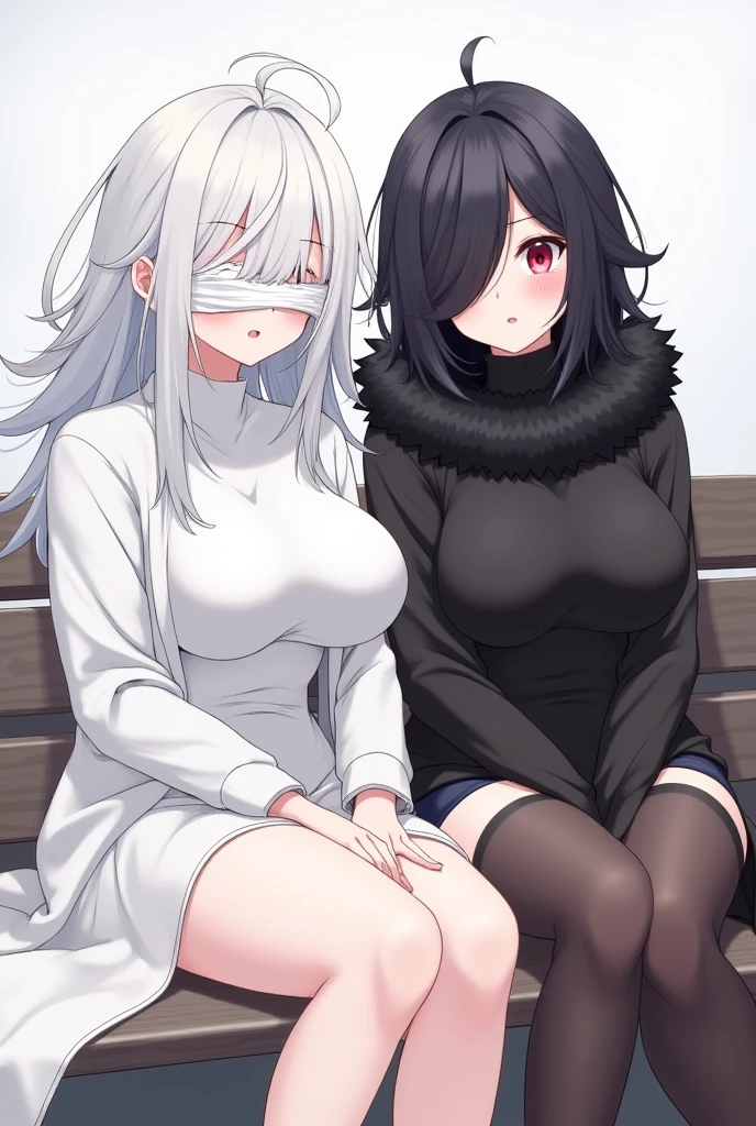 2 Females, long white hair and long gray hair, dark red eyes, medium tits, both wearing casual shirts and short shorts, hard nipples, nipples poking through clothing, defined nipples, both sitting comfortably on couch, comfortable and neutral expressions