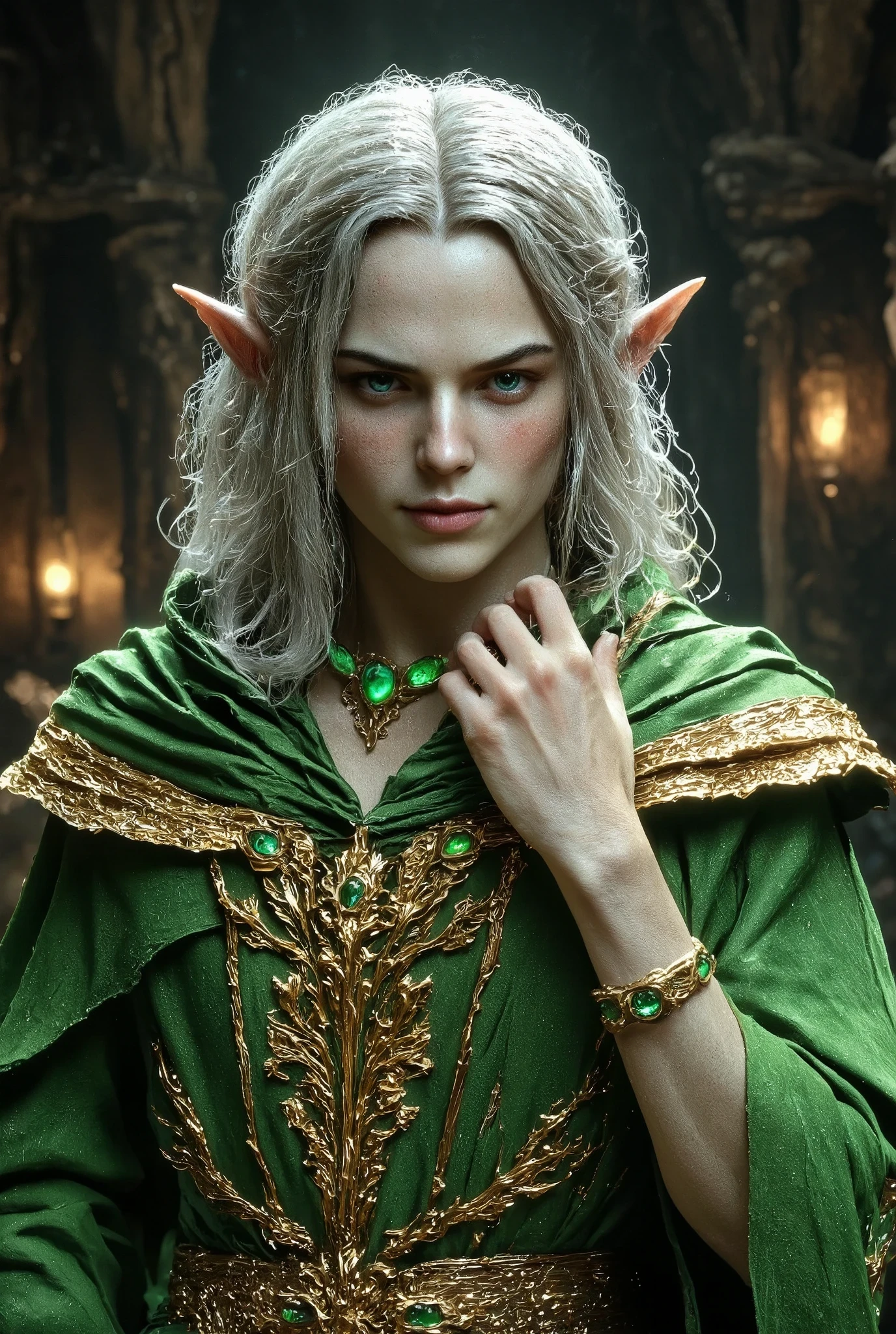 The skin is smooth and smooth((medium curly silver hair))The beautiful long-eared elf boy smiles kindly((Very, very large creases in green and silver)) beautiful skin((One hand on neck))