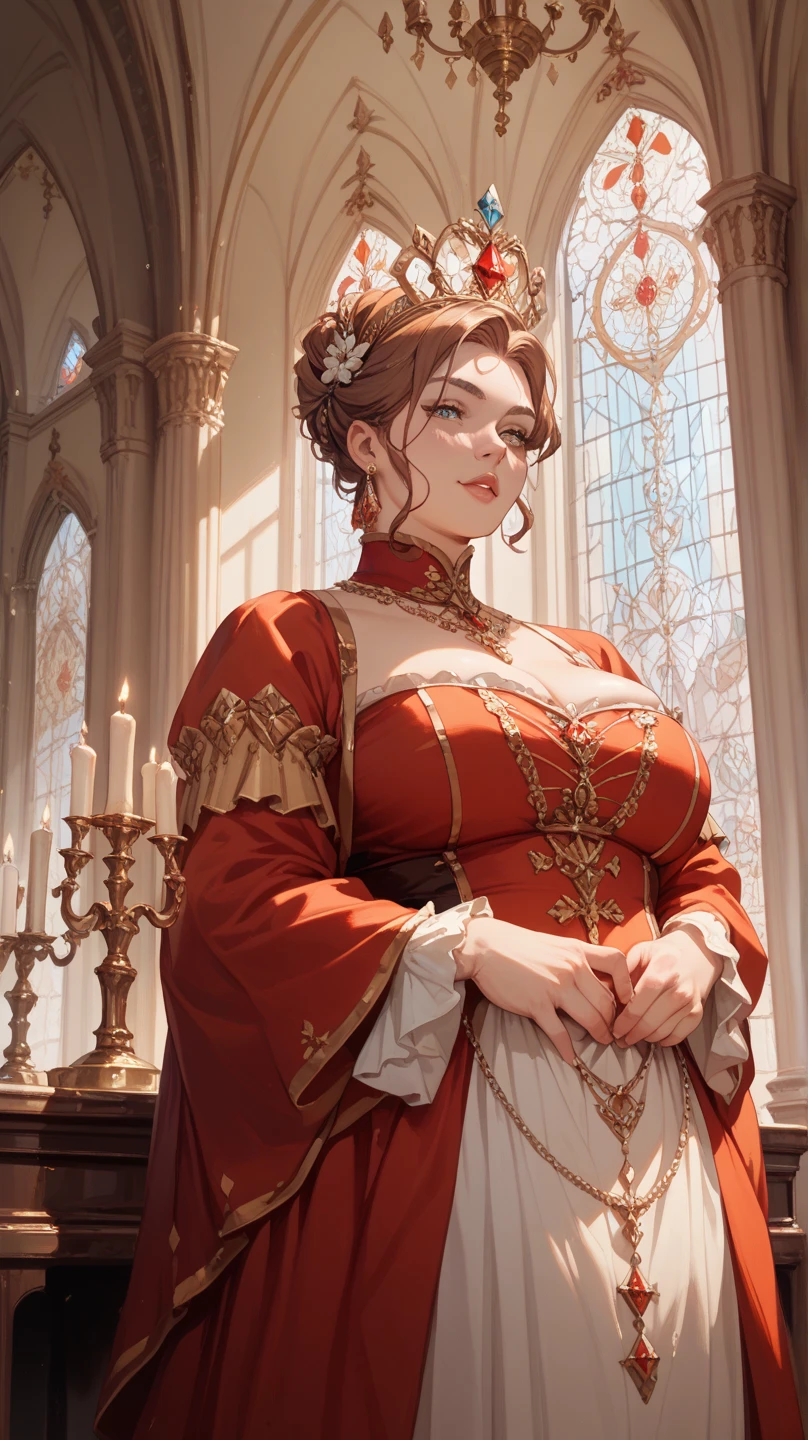 Beautiful and regal, imperious and aloof, busty athletic (thin) brunette queen with sharp facial features wearing a modest updo, dark red medieval dress, long sleeves, intricate patterns, scrollwork, wide neck, crown, veil, long dress, modest dress, tight bodice, (silver waist chain), medieval jewelry, Middle Ages, castle, rampart, wall, stained glass