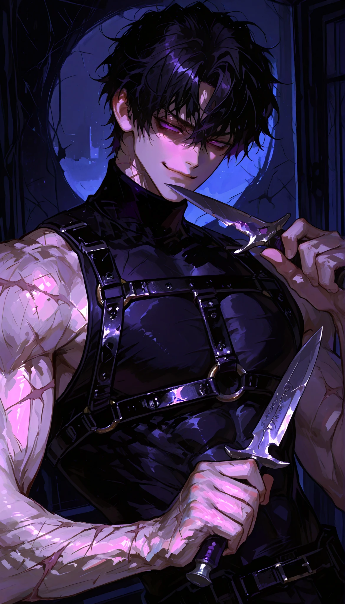 784cm style, handsome, short hair, purple eyes, tight black turtleneck, sleeveless, abs, muscles, (scars, harness strap, holding a dagger), black hair, messy hair, smirk, night background, closed mouth