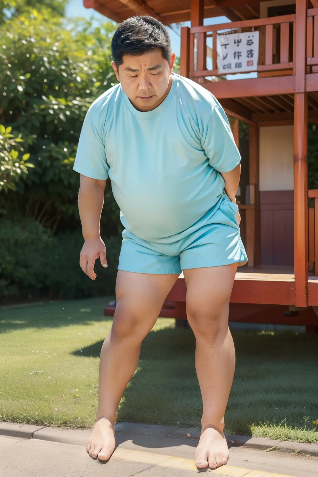 Thick Japan middle-aged man in his 50s, 1man, retarded, Human, Dwarfism, He wears a Light blue shorts and kindergarten uniforms, ((peeing self, wetting self, pee stains,)), ((trembling, fear expression, scared, looking at viewer)), kindergarten background, It's a sunny day, Incontinence, He stand and cried in playground, Full body, a picture, 8k, high detail photo, Masterpiece, 