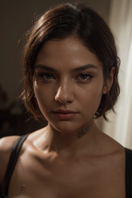 1 girl, brown hair,short hair reaching shoulders,tight clothes,voluptuous,detailed facial features, beautiful eyes, long eyelashes, detailed lips, (best quality,4k,8k,highres,masterpiece:1.2),ultra-detailed,(realistic,photorealistic,photo-realistic:1.37),studio lighting,extremely detailed facial features,vibrant colors,warm lighting,dynamic pose,sensual,portrait
