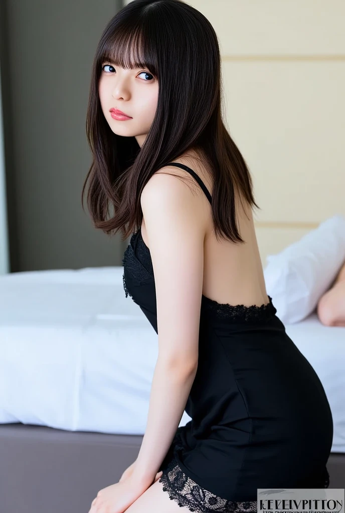 Highest quality, masterpiece, Ultra-high resolution, 8k, RAW Photos, Realistic, Anatomically correct:1.5), 20-year-old girl:1.2, Embarrassing, avert your eyes, blush:1.0, View Viewer, ((Hotel room at night)) 、(Dim lighting)、On the bed、Large windows、Night view、 Light:1.2, Bokeh, Cinema Lighting:1.0, sharp、 Cute Face、Idol、Short sleeve tulle top、Tulle skirt、(Black clothing)、”dwarf”、(Floral clothes)、(Full Body Shot)、Side angle、Cowboy Shot、Sexy pose、 smile、((Ultra short hair、Berry Short))、(Straight bangs)、(( One Girl))、(Waist)、(I can see your thighs)、(Accurate depiction)、((Fuller lips)),Large Breasts、Sit on the bed、