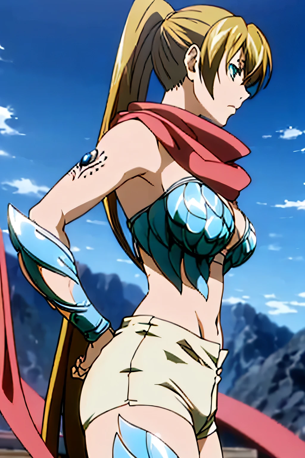 "(masterpiece:1.1), best quality,
1girl, (80s anime style:1.3), (eyelashes:1.5), (loli:1.2),
(intricate high detailed body:1.2),
(silver hair:1.1), (forehead, hair slicked back:1.2), (short hair, wavy hair:1.1),
red eyes, (thick eyebrows:1.1),
(curvy body:1.1), (gigantic breasts:1.1),
(naughty face:1.2), open mouth,
(bikini armor:1.2),
(spiked knight armor, armored boots, capelet:1.2), (belts:1.1), (earrings:1.1), necklace,
standing,
(upper body, cowboy shot, looking at viewer, from front:1.1),
daytime, outdoors"