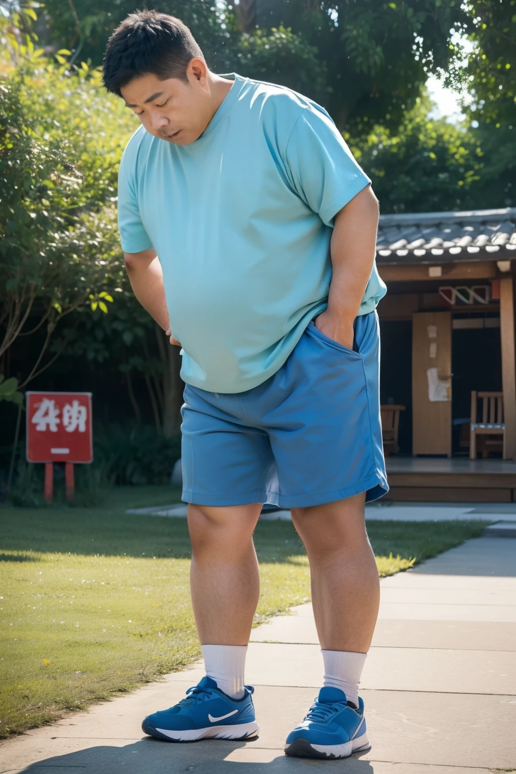 Thick Japan middle-aged man in his 50s, 1man, retarded, Human, Dwarfism, He wears a Light blue shorts and kindergarten uniforms, ((peeing self, wetting self, pee stains,)), ((trembling, fear expression, scared, looking at viewer)), kindergarten background, It's a sunny day, Incontinence, He stand and cried in playground, Full body, a picture, 8k, high detail photo, Masterpiece, 