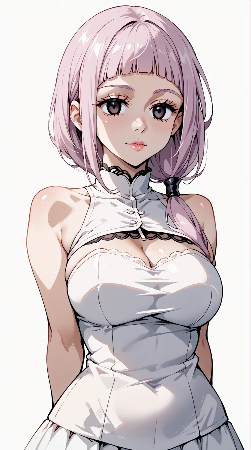 Fraction_9, Fraction_8_Direction_7_up, Sayer, 1girl, 独奏, Anime style, Gray pupil, Blurred eyes, Drinking champagne from a goblet, Pink lower lip, Cyberpunk style makeup, Short silver asymmetrical hair, Asymmetrical short hairstyle, Long bangs on one side, Color highlights, Huge breasts, Black off-the-shoulder evening dress, Solid color background.