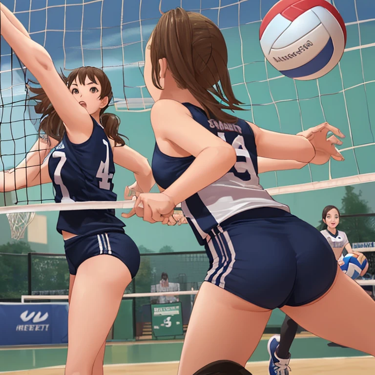 very tall girl, very thin, extremely slender, tiny breasts, flat breasts, erect nipples, long legs, very thin legs, tight volleyball uniform, very wet clothes, very sweaty, jumping, perfect movement, volleyball court, playing volleyball