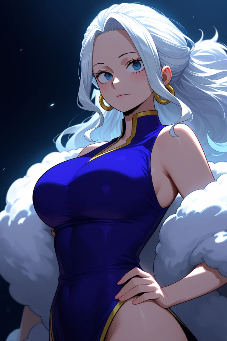 score_9, score_8_up, score_7_up, ultra detailed, looking at viewer,  chinese fairy woman, china goddess, wide sleeves, hanfu, see-through, dress, robe, exposed shouders, Chinese traditional style,  (hair ornament), floating fabric band behind the character forming an arch, blue eyes, white hair, long hair, skirt open on sides, beautiful legs, big breasts, sideboob, dwarfoil, wet skin, Oiled skin, gloss lips, detailed outdoor background,