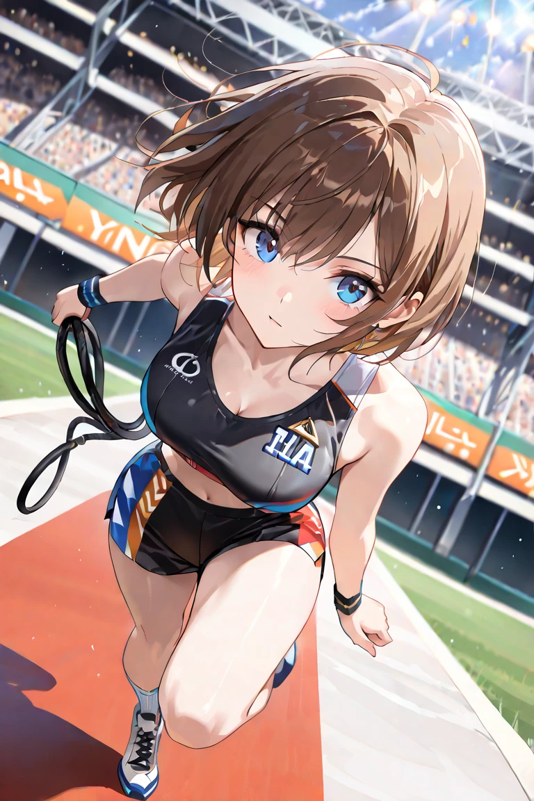best quality, masterpiece, highres, solo, {michishio_kantaicollection:1.15}, twintails, double_bun, hair_bun, short_twintails, light_brown_hair, brown_eyes, blush, bow, yellow_eyes, 1girl, blue_one-piece_swimsuit, flat_chest, looking_at_viewer, one-piece_swimsuit, school_swimsuit, swimsuit, white_background, simple_background, competition_school_swimsuit, upper_body