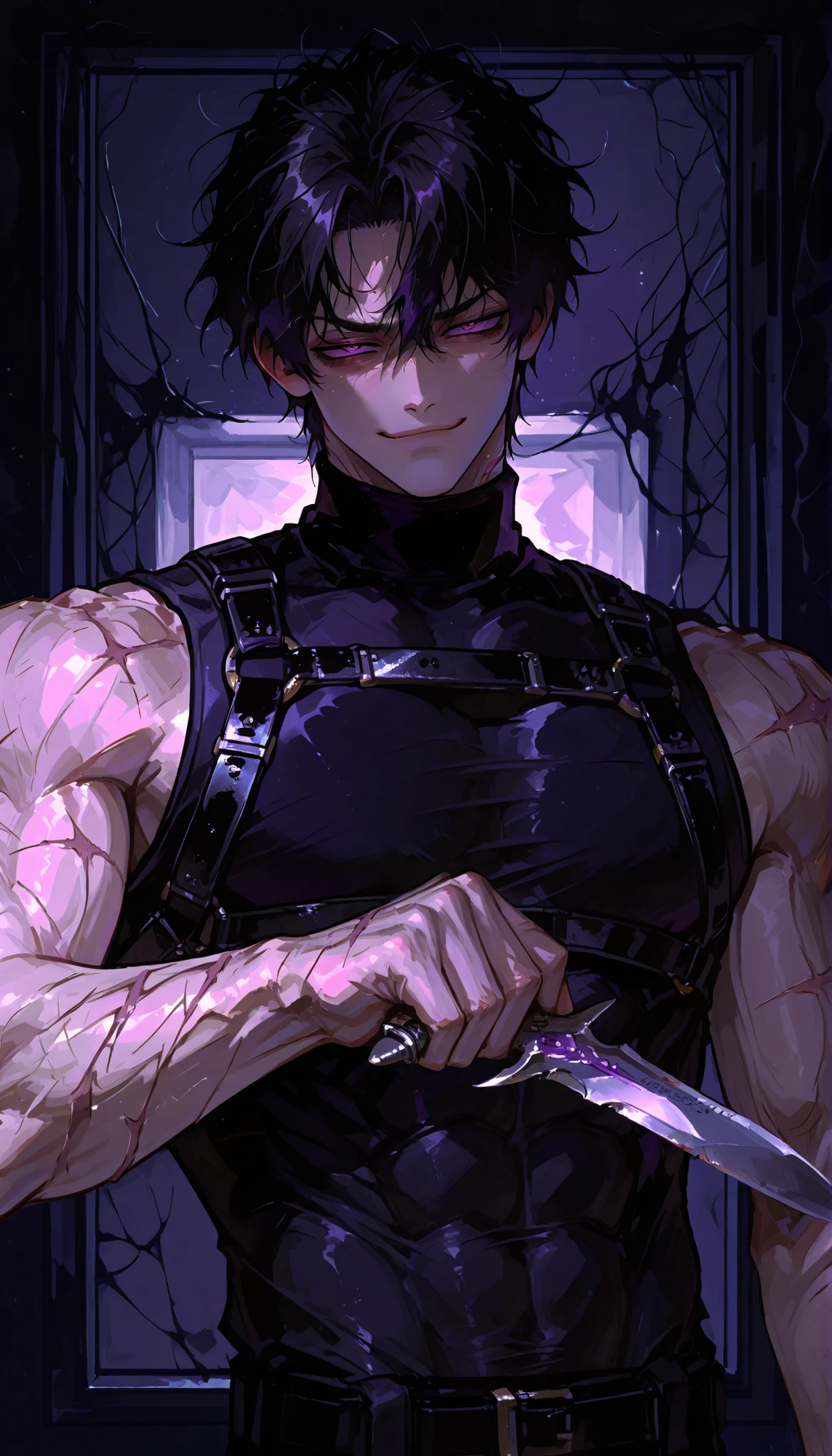 784cm style, handsome, short hair, purple eyes, tight black turtleneck, sleeveless, abs, muscles, (scars, harness strap, holding a dagger), black hair, messy hair, smirk, night background, closed mouth