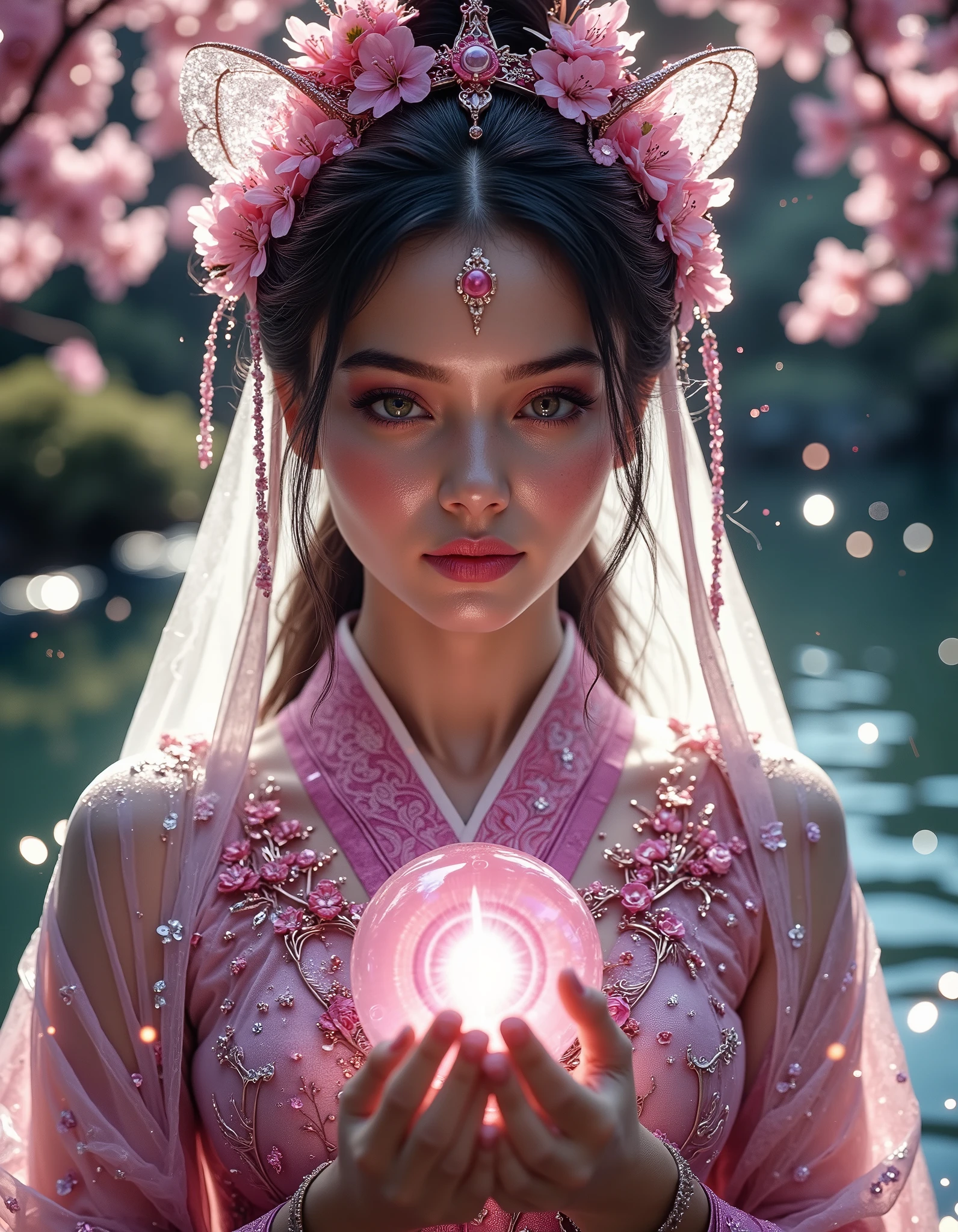 hyperrealistic, photo, masterpiece, stunning, best quality, full portrait samurai kimono sakura princess, standing above mirrored lake glowing eyes, bridal veil, see through, blade, 8K,HDR,UHD,studio lighting,ultra-fine painting,sharp focus,physically-based rendering,extreme detail description,professional,vivid colors,bokeh,cinematic,dramatic lighting, intricate details, ornate design, intricate embroidery, delicate petals, glowing aura, ethereal, serene expression