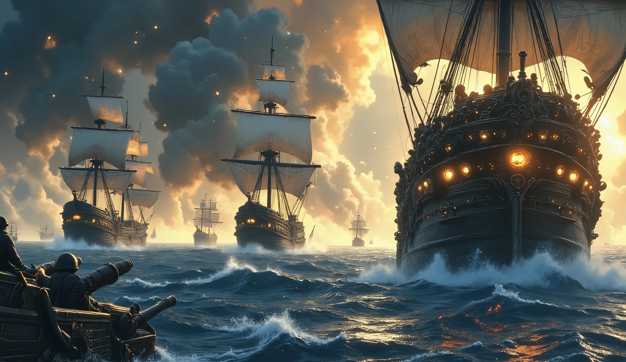 ( Pirate ship attacking shooting with its cannons at English ships , (hd quality , original classic texture ) Cinematic style, Rough Sea Set in the background English ships advancing against just one powerful Pirate ship , side of the ship shooting at enemies , body ratio of the ship 55% viewing angle 65 º from bottom to top all information above is completely and completely unchanged )
