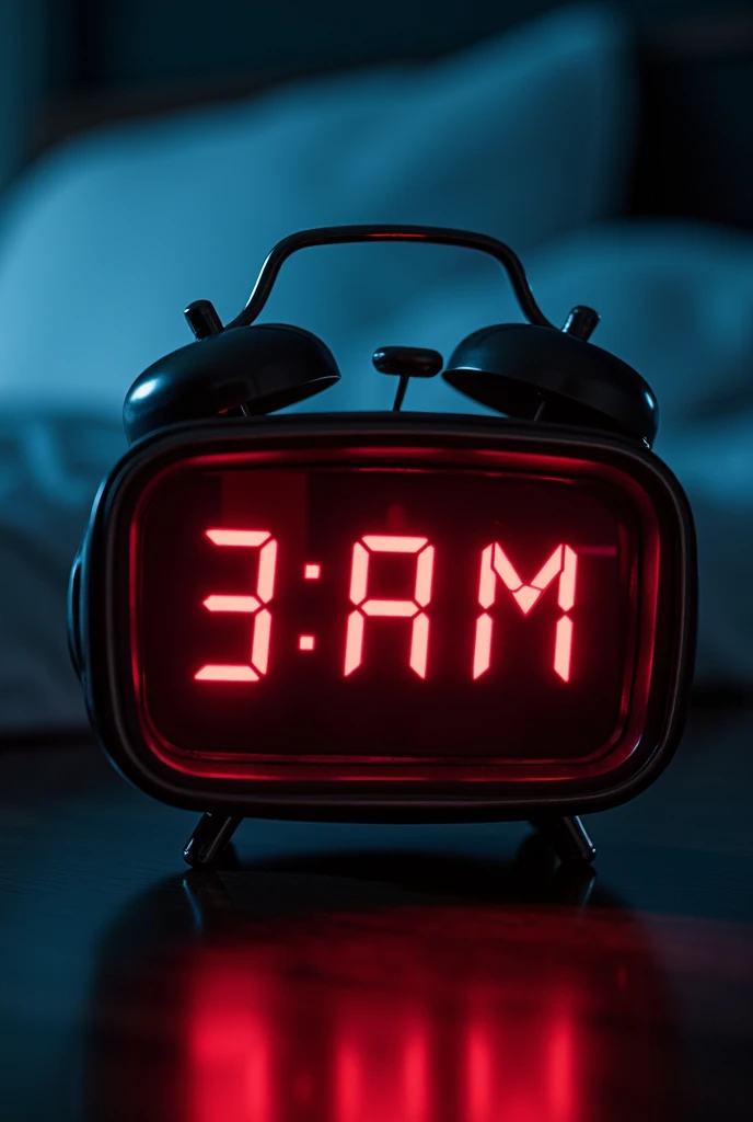 “Close-up of a futuristic digital alarm clock on a nightstand, reading ‘3:33 AM’, red LED digits flickering with glitch effects, ambient off-beat ticking implied, metallic surface reflections, low lighting, ominous feel, manga panel framing”