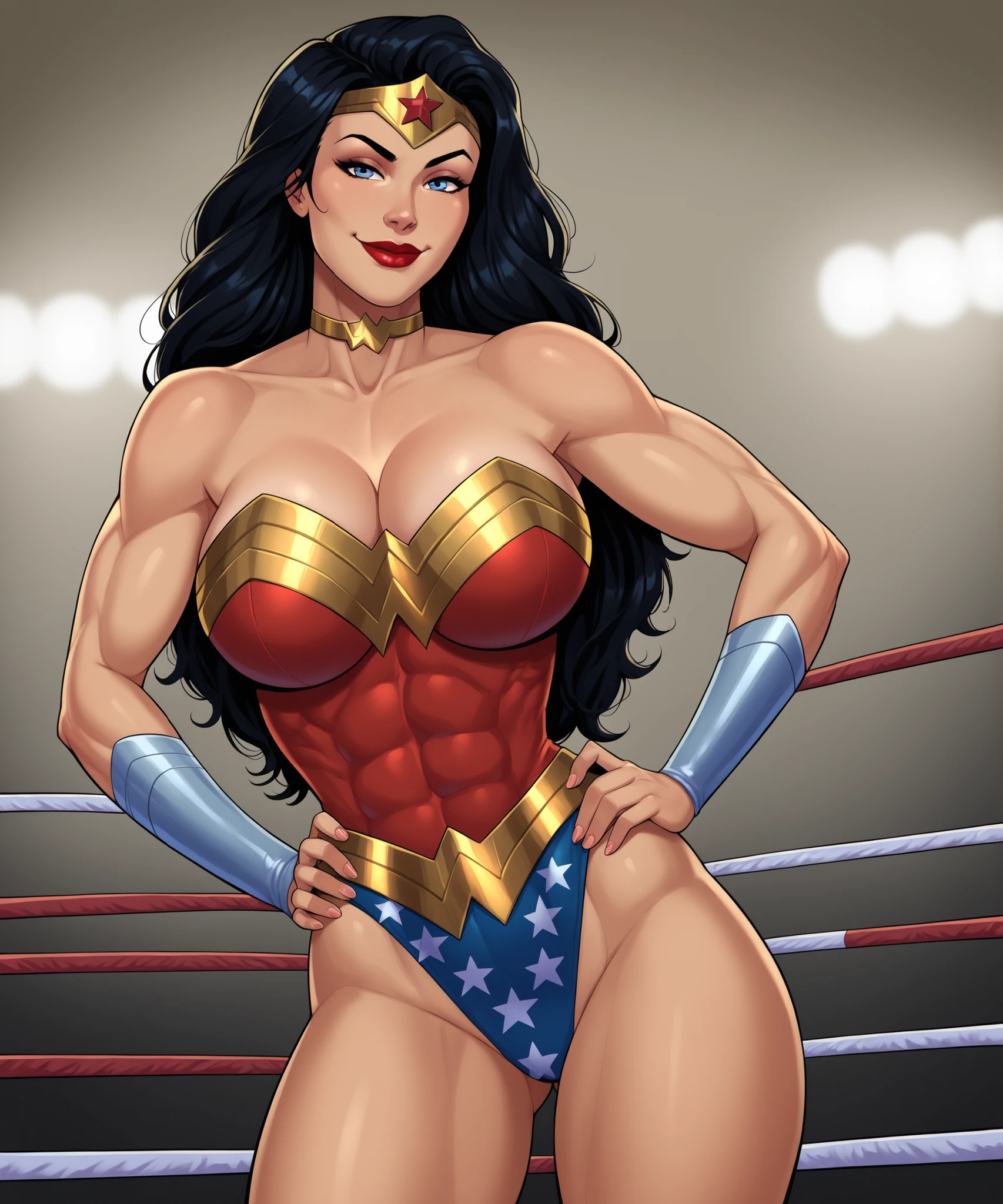 NSFW, Wonder Woman in a wrestling ring, both are fit with large breasts, bimbos, wearing a string thongs, boots, sultry face , topless, massive big breasts