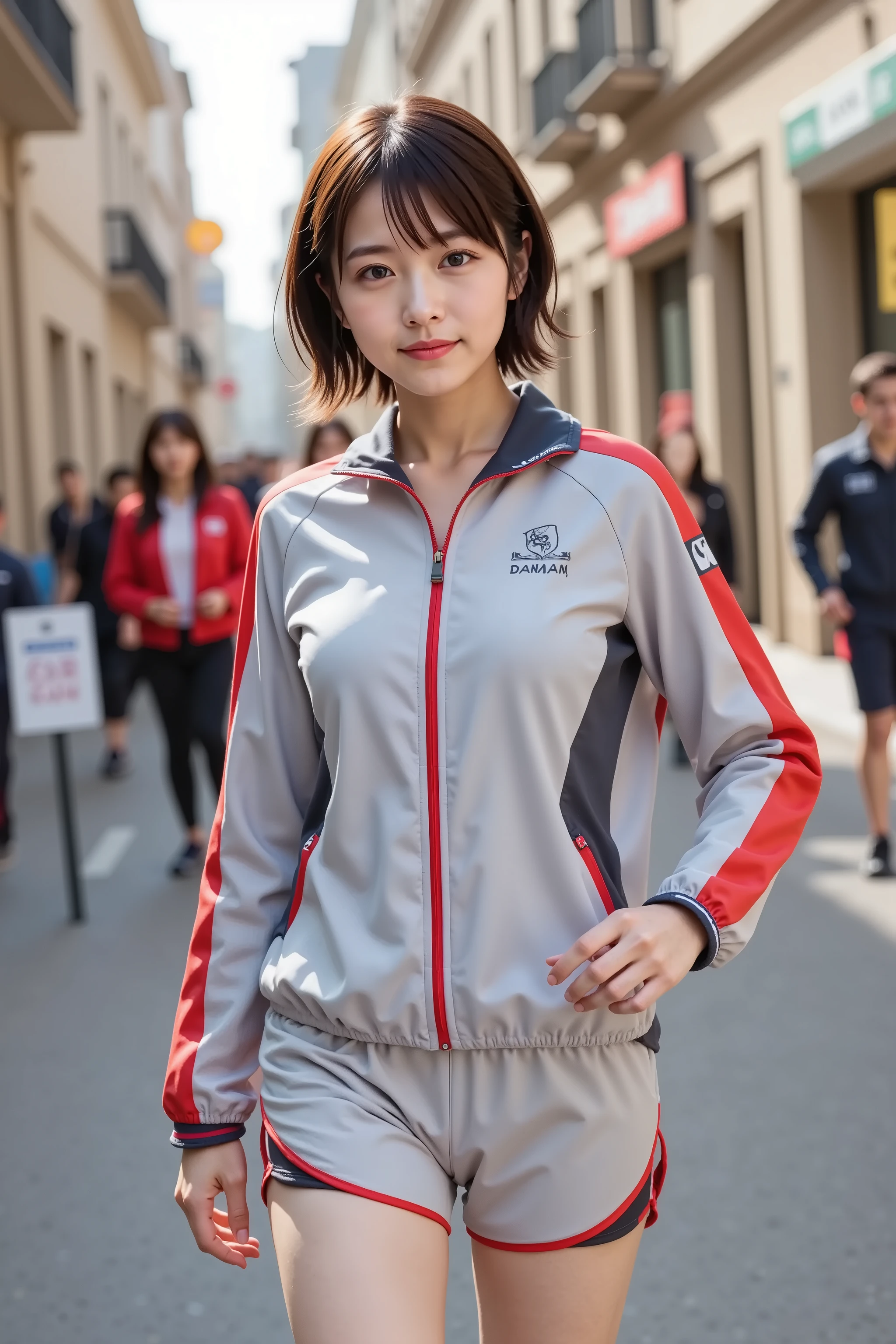 chihiro, firm breast, by adjusting the framing so the subject's full head is visible within the composition. Keep the camera angle and expression consistent while extending the top portion of the image naturally, A modern athletic outfit designed for competitive running, consisting of a lightweight zip-up jacket and matching shorts. The jacket is silver-grey with bold red accents along the shoulders, sleeves, and sides, giving it a sharp, performance-driven look. Made from breathable, water-resistant synthetic fabric, it allows flexibility and has a slight reflective quality. The high collar and full-length zipper offer ventilation, while elastic cuffs keep the sleeves secure. On the chest, a black sponsor logo reading 'DANAN' is printed on a white panel, adding a professional, team-issued feel. The matching running shorts are short-cut for mobility, featuring red piping and side panels that match the jacket. A red and blue sweatband is worn on her left wrist, complementing the outfit’s palette. The ensemble emphasizes speed, comfort, and streamlined design. The background is a city street in a European-style urban setting, with narrow roads flanked by mid-rise buildings and wrought-iron balconies. Shops and residential windows suggest a mixed-use area. The street is filled with runners, event staff, and onlookers, indicating a marathon or major race event. Many people wear jackets and activewear, suggesting cool weather. Race banners and directional signs appear in the distance. Soft daylight filters through the street, casting even light and subtle highlights on the runner and her reflective gear. The overall scene combines athletic focus with the energy of a busy city, presenting a moment of movement and purpose within an organized sporting environment.