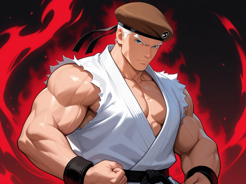 Elderly man(black skin), (wearing white pants, with a rope tied around his waist, no shirt), facing a giant man with long red hair,cinematographic, hq, fight scene, anime, dynamic poses, Bahia street scene