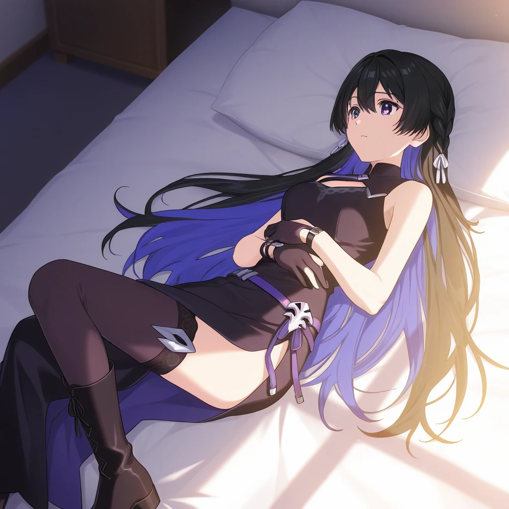highest quality,sleep on your back in bed，Crab crotch，show me your boots，thigh high boots，leotardチラ見せ，glove，elegant, 1 girl, leotard，body suit，cute, blushed, looking at the viewer, from below, prison，blue eyes, beautiful eyes, beautiful background, particles of light, Light of the sun, dramatic lighting, outside, shiny, realistic, table top, highest quality, Super detailed, get used to it, scenery, beautiful and detailed eyes, thin hair，full body shot，