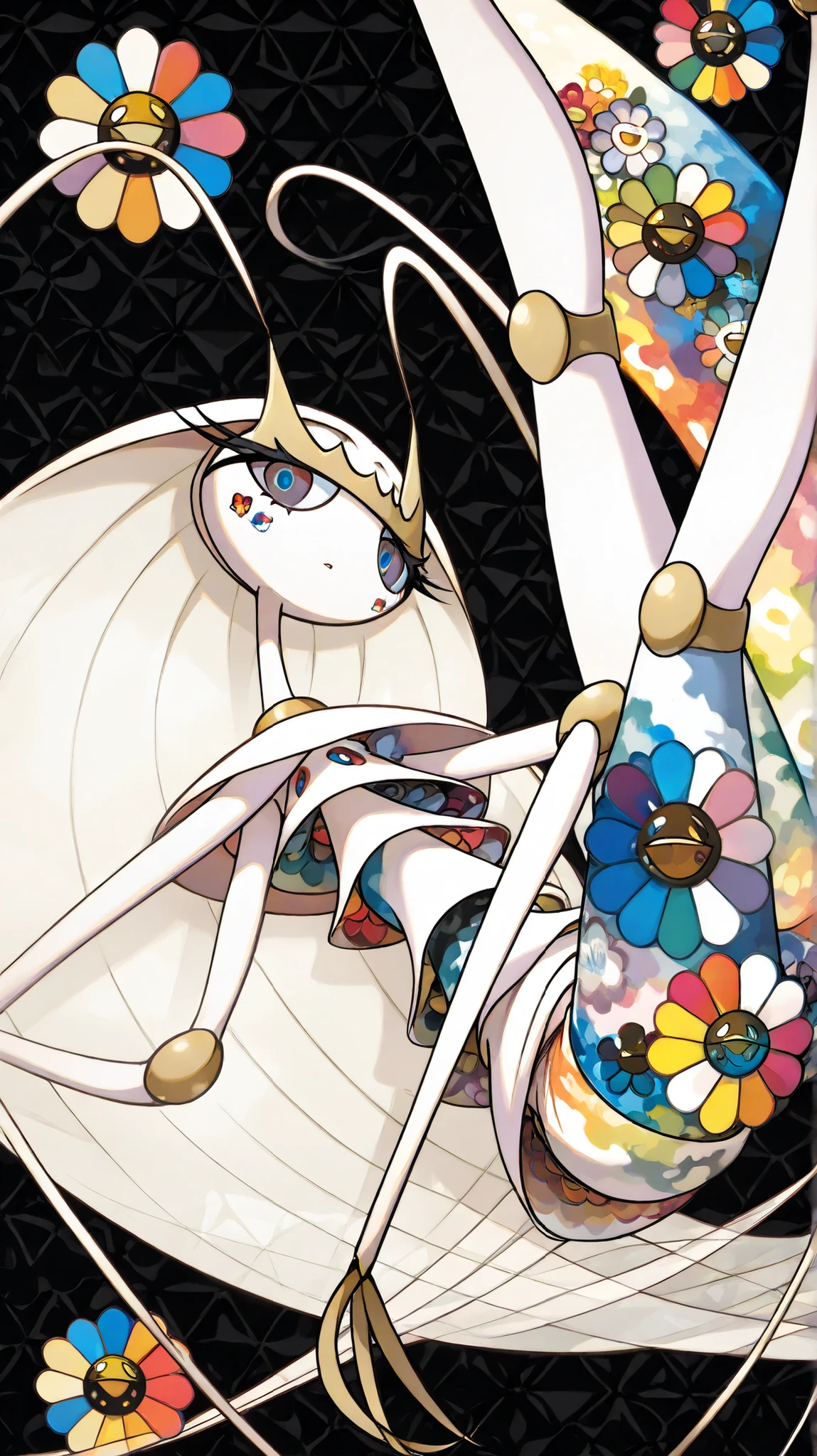 (in style of Takashi Murakami:1.0), beatiful face, feet,best quality,tonemapping, sharp focus, hyper detailed,(pheromosa),best quality,beautiful,pokemon,(2 fingers),(Clear eyes),solo,detaileds,8K,(slender:1.3),wallpaper,jumping kick,(Colorful flowers on black background:1.4), (pheromosa:1.0), intricate digital painting, highly intricate and colorful, dark but detailed digital art, Highly detailed symmetry, detailed digital artwork, Symmetrical intricate details, plethora of colors,colorful intricate masterpiece,(kaleidoscopic:1.1),(Geometric pattern background)、Sticker style,flower painted body, (cel anime:1.3)