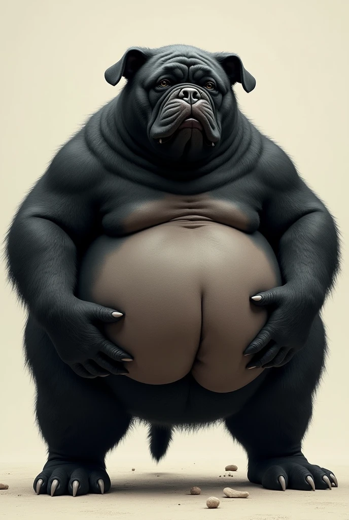 Black panther in profile、The black, bristling fur of the entire body、Hugely swollen abdomen as if pregnant、Abnormally obese lower abdomen、A belly so big it covers the crotch、Angry Black Panther、Abnormally large male genitalia、Very thick penis、Huge sideways penis、Abnormally developed large penis、Side view、A composition that captures the whole body、、blue eyes、pubic hair、Wide open mouth expression、A body that fills the screen、Concrete Background、Sideways pose,Thick Tongue