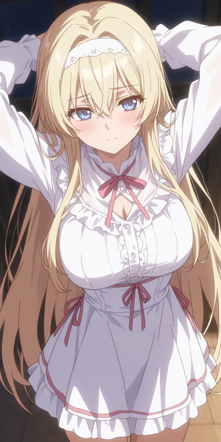 1girl, masterpiece, high quality, huge breast, bright breasts, looking into camera, safe, marin, shining , blush face, marin kitagawa, long hair, bangs, blonde hair, (red eyes:1.5), multicolored hair, standing, black lace dress, cleavage 