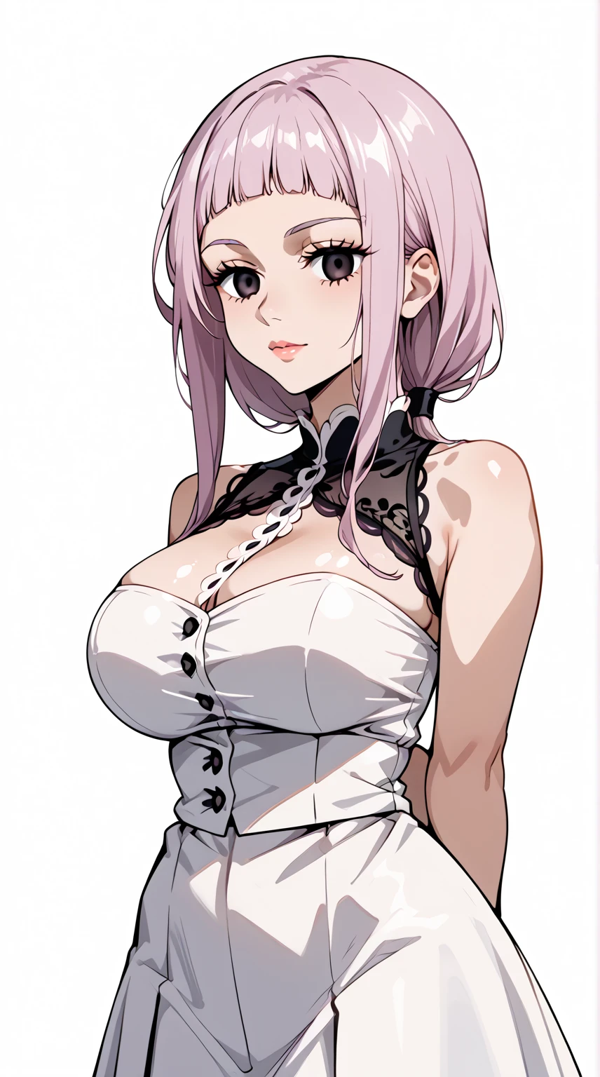 simple background, blush, <lora:MusashiRemnant-10_character:0.85> MUSASHIBERSERKER, NECKLACE, SWEPT BANGS, WHITE KIMONO, SHEATH,BARE SHOULDERS, THIHGS,BLONDE HAIR,WIDE SLEEVES, MAGATAMA NECKLACE, BLACK THIGHIGHS,OBI DETACHED SLEEVES,HAIR ORNAMENT, LONG HAIR, SASH, ASYMETRICAL HAIR, PINK HAIR,,KIMONO, EARRINGS,JEWELRY, CLEAVAGE, BLUE EYES, PONYTAIL,JAPANESE CLOTHES, huge breasts, open mouth, fang out, upper body,, <lyco:GoodHands-beta2:1.0>