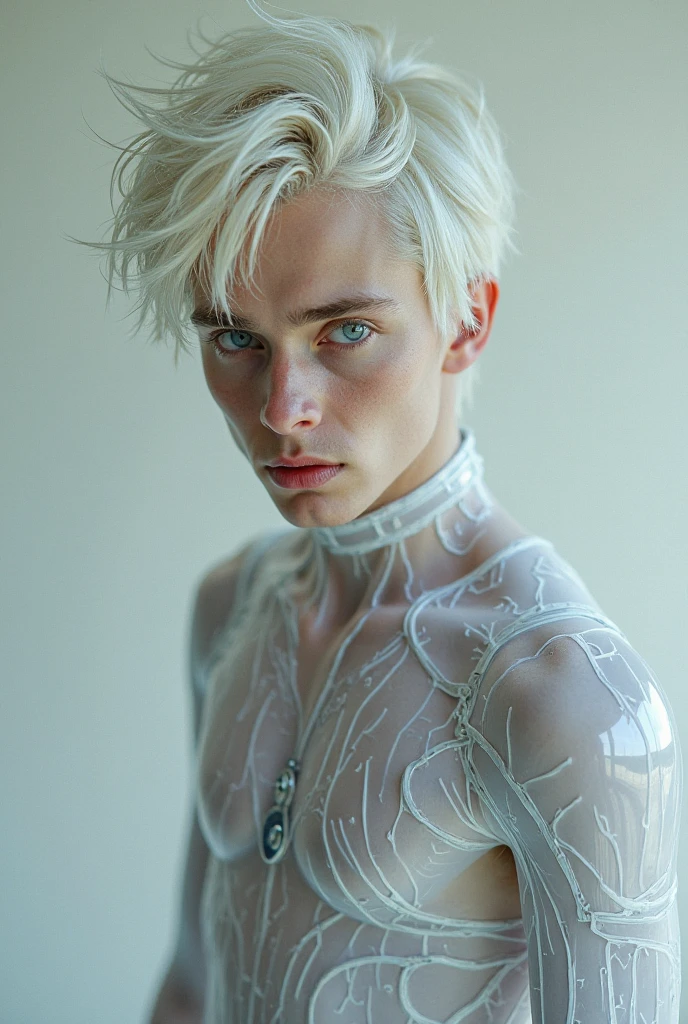 (masterpiece, best quality, 4k, dreamlike, hyperrealistic:1.35), (Doctor Sterling is albino tall lean androgynous male perverted genius nerdy geeky technomage queer transhumanist depraved homosexual misogynist kinky sadistic villain with weak stomach beautiful eyes thin face flat chest frail shoulders lithe waist male crotch bulge sleek high-tech skintight bodysuit:1.5)