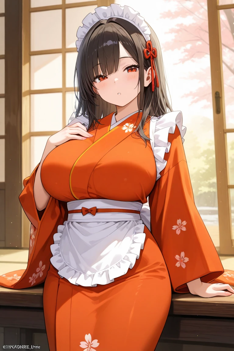 (?????????????:1.5),shiny,hair,((solo)),((masterpiece)),((best quality)),perfect ???????,slim waist,perfect image,8k UHD,(beautiful detailed eyes:1.?????tremely detailed face,standing,(upper body:1.1),(look at the front:1.1),arms behindback,ultra-detailed,absurdres,highres,(shiny red kimono:1.5),(shiny:1.5),(shiny hair),black hair,semi-long hair,outdoors,((blunt bangs)),((sensitive smile),(shiny red pvc japanese clothes:1.5),