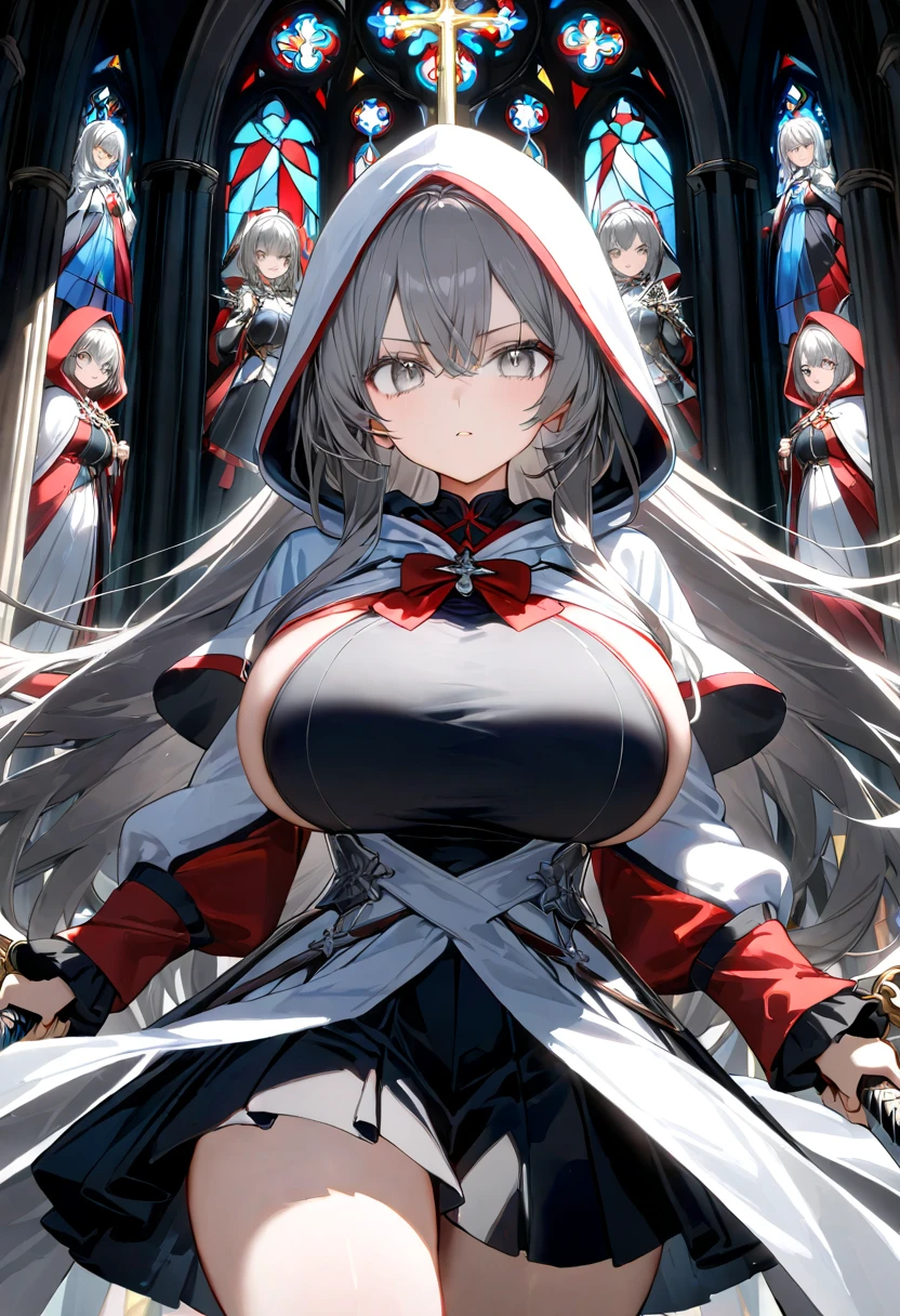(32k, masterpiece, Highest quality, Highest quality, Official Art, beautifully、aesthetic:1.2), (One girl), Very detailed, (Fractal Art:1.3), colorful, Most detailed, Perfect Face, whole body, High resolution, Big Breasts, (pray:1.3), (White cloak Golden Line:1.2), church, (Streaks of Light), Impressive visuals, (Dynamic stripes, Light trail:1.2), Vibrant colors, Wicked Smile, {{A demon who took the face off a praying girl and disguised himself as a girl}}, ((Intense vaginal sex with a man: 1.5)), Intense cowgirl sex,Giving her virginity to a man, Red blood from inside the vagina, (Shake your body violently and bounce: 1.3), NSFW