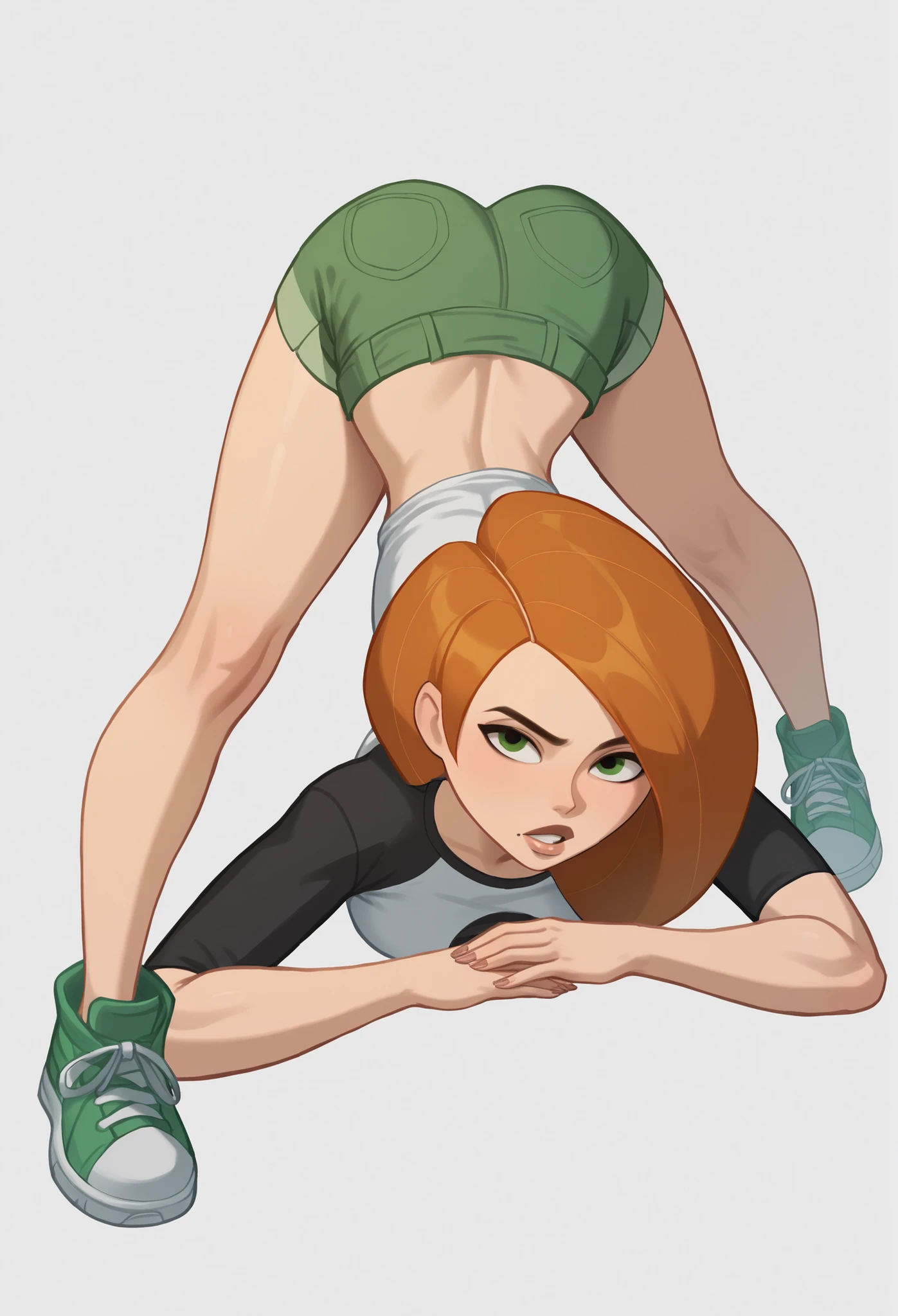 score_9,score_8_up,score_7_up,1girl, :o, absurdres, green_eyes, breast_press, breasts, commentary_request, ginger hair, highres, jack-o'_challenge, korean_commentary, small_breasts, legs, long_hair, meme, parted_lips, raglan_sleeves, kim possible_\(kim possible\), shoes, short_shorts, shorts, simple_background, sketch, sneakers, solo, top-down_bottom-up, unfinished, white_background, green_shorts, perfect anatomy,