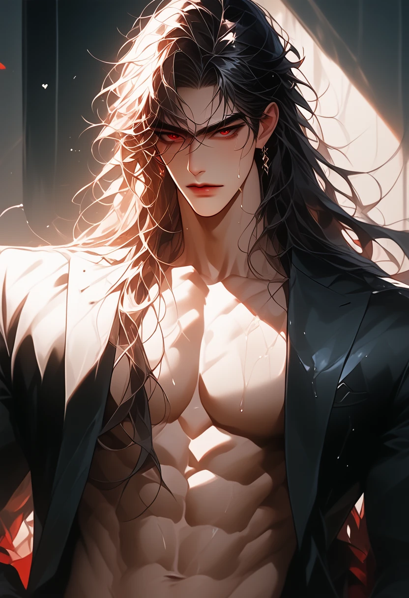 Hot male, mature, great body, muscular, long black hair with red fade, perfect eyes, smooth shiny skin
