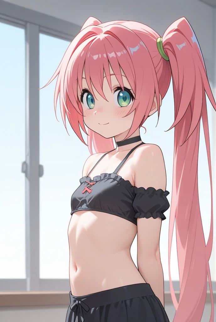 (masterpiece, best quality, 1girl, solo, intricate details, chromatic aberration), realistic, ((medium breath)),long hair, pink hair, red head ornament, pink highlights, hair over one eye,purple eyes, earrings, sharp eyes, choker, neon shirt, She wears a collar, bangles, and a kimono-style garter belt., crop top, (symmetry eyes),(perfect symmetrical body),against wall, brick wall, (colorful graffiti words on wall:1.2), dim lighting, alley ,look at viewer、dig breasts、smile、(No sleeve、Navel exposed、fitted turtleneck)、hot pants string street、thin butt、Please generate above the eaves.、thin shoulders、In underwear、