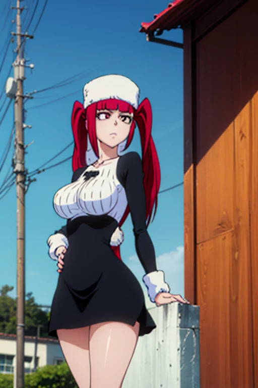 (best quality:0.8) perfect anime illustration, rias gremory from high school dxd, a pretty, happy woman with long curly crimson hair and cyan eyes on the street in the city, wearing a micro bikini, white gloves, holding red umbrella