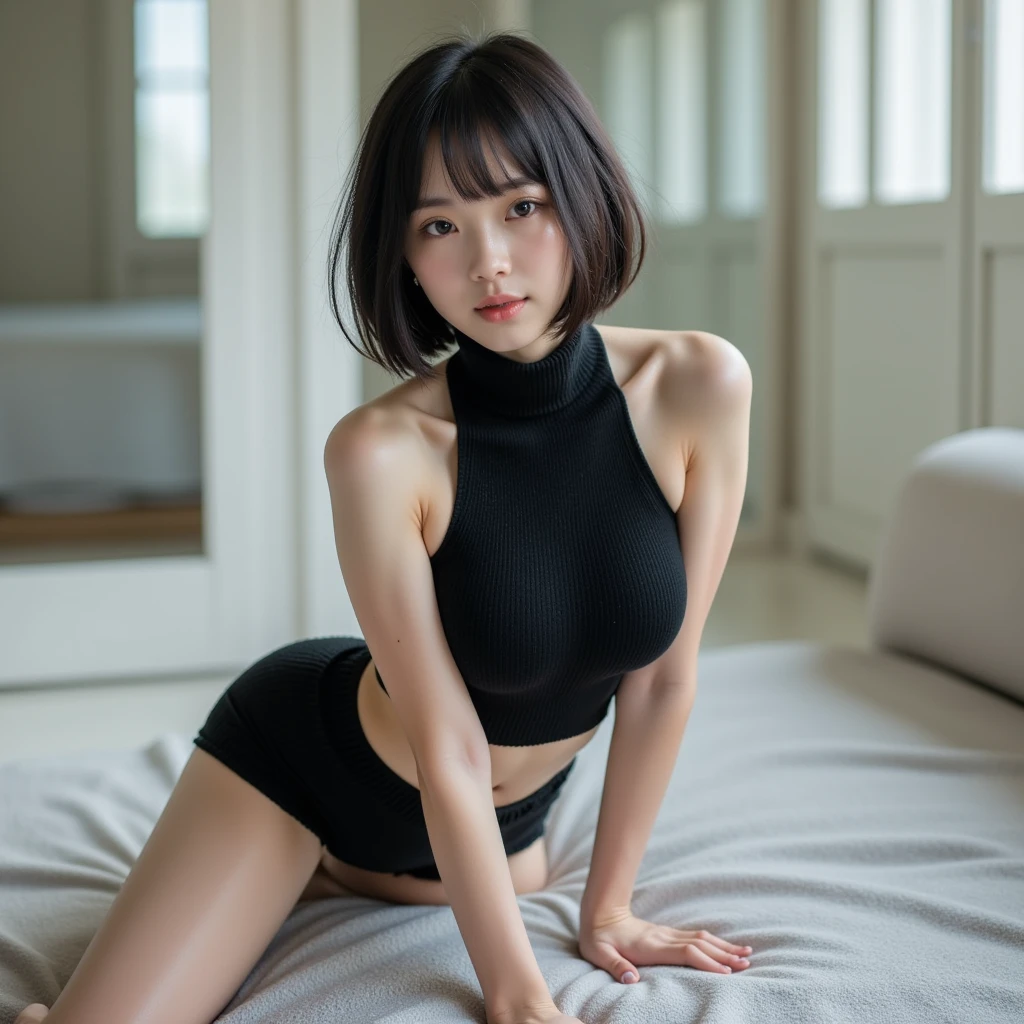 Top quality, Masterpiece, High resolution, 1girl, Beautiful and perfect face, Bob layer cut, Sleeveless dress with simple and retro design, Mini length, intricate details, cinematic feel, 8K, Very detailed, Big, Angle from the side, Butt sticking out, Chest up, Beautiful face, Full body shot, Alone, Physical education sitting, Knee holding, Office chair sitting, Desk, A bright office with a large window with sunlight, panchira, 30 years old, sensual, thick body, beautiful thighs,