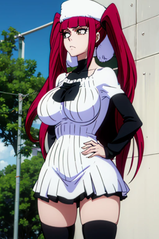 (masterpiece, Detailed Image,detailed picture) Sexy Riruka Dokugamine in her dress and hat, bleach girl, top quality, 16 thousand, ultra-detailed, black stockings, girl stands posing with her hand on her waist, beautiful Riruka Dokugamine, Big breasts, bitch face, attention to the tight stockings, girl in full growth
