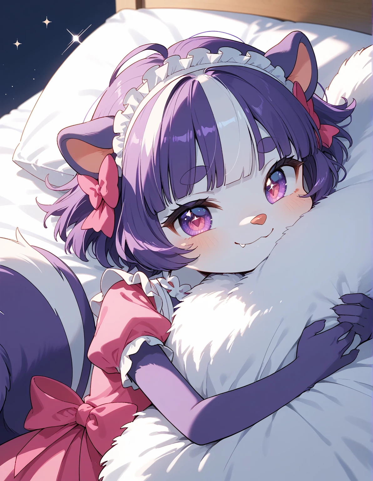 <lora:3DXR_V1:1.00>, 3DXR, 3DMM,, solo focus, catgirl, very large cat ears, cat tail, purple-gold gradient eyes, purple-black hair, short hair, curly hair, medium breasts, cleavage, exposed shoulders, hair between eyes, crossed bangs, neck ribbon, seductive smile, Night, Snowflakes, Winter, lying on bed, Train Station