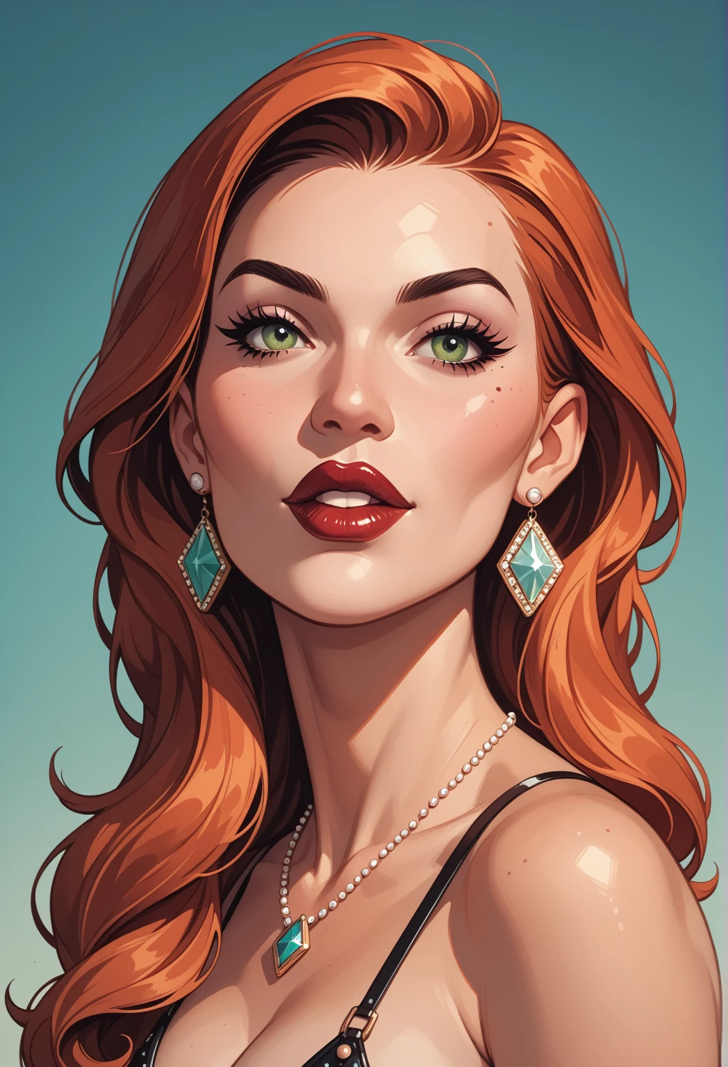 score_9, score_8_up,score_7_up, score_6_up, score_5_up, score_4_up, woman, best quality, highres, portrait, solo, beautiful, makeup, soft lips, kim possible, jealous, large cleavage, dress (((multiple jewelry)))