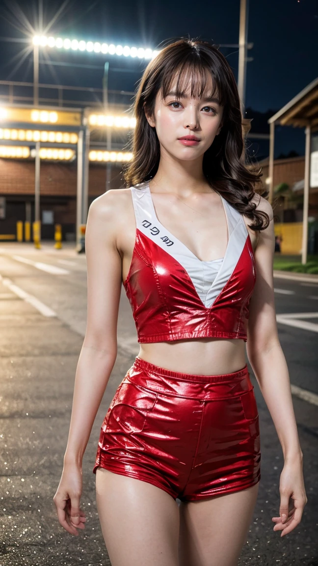 (((masterpiece, highest quality,8k ,Super detailed,hyper quality))),((サーキットイベントでlace queenがracing car前に立ちファンのカメラに向け手を振っている)),(whole body,looking at the camera),(circuit field,outdoor,sunny,racing car),lace queen,Beauty,sexy,glamorous,ponytail,big breasts(1.7),constricted waist,small ass,long thin legs,lace queenのコスチューム(open chest),mini skirt(slits on both sides),Pin heel long boots,