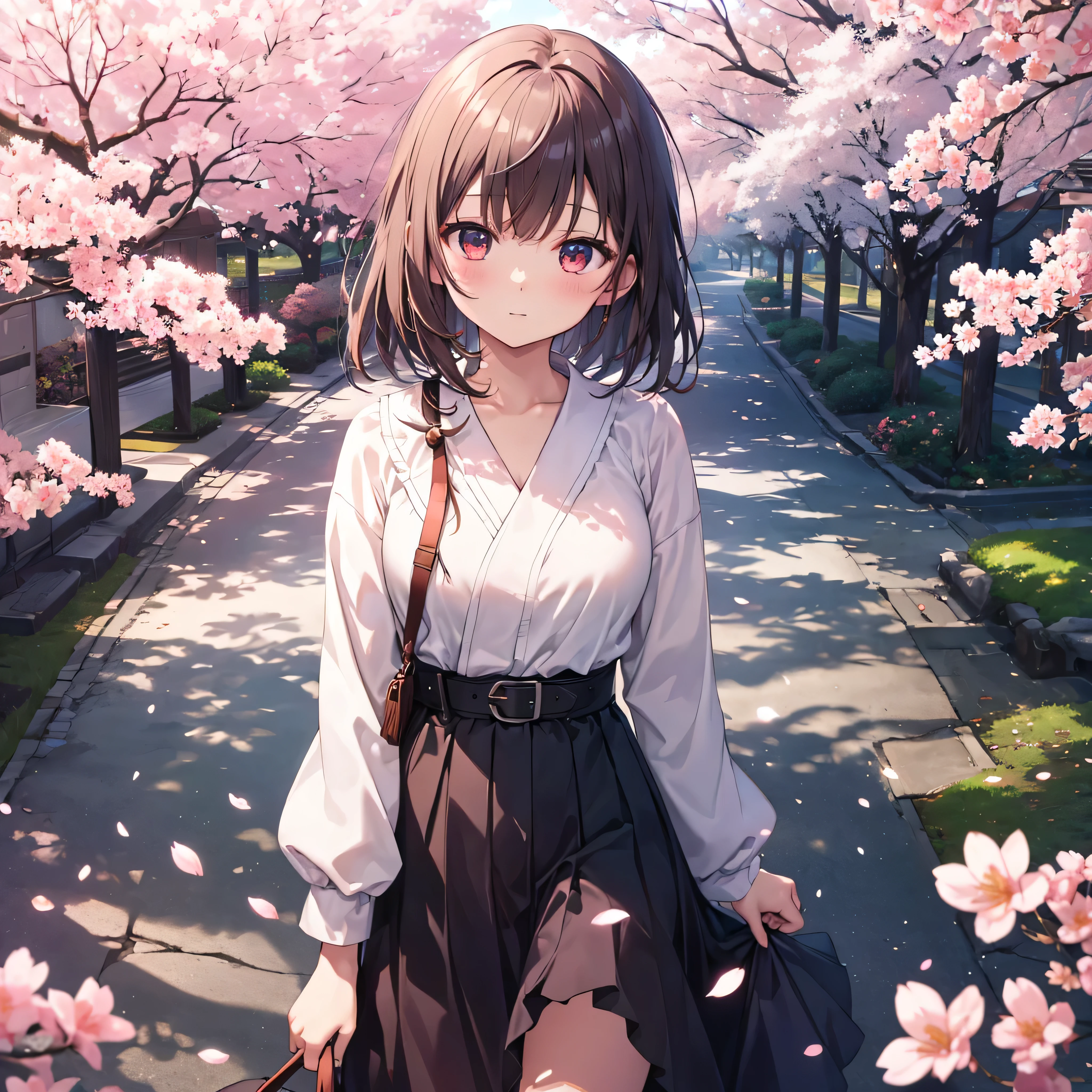 top quality、4K、8k、 high resolution、 greatest masterpiece:1.2)cherry blossomsの花びら舞い散る,cherry blossoms,sunlight filtering through the trees,Warm Day,