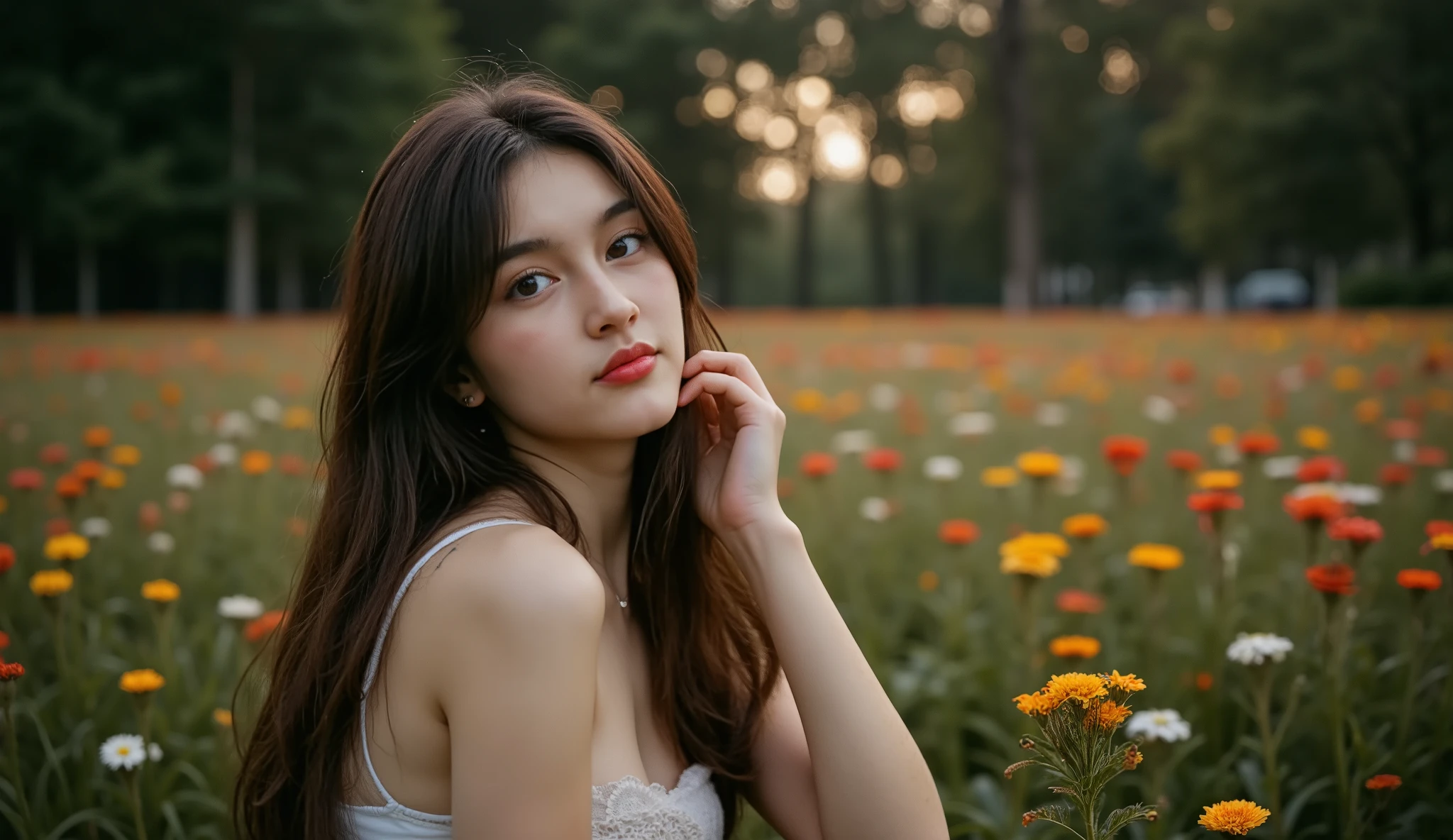 (걸작, best image quality , 8k), real photo , perfection of fashion, full body, faint smile, Exquisitely Painted , Realistic, ultra high definition,ultra high definition, , very detailed, high quality, high detail with stars, High Resolution,Unfocused Background,female,, 18-year-old Ukrainian beauty , , colorful hair color ,Dreamy night scenery. "A vast nature full of emotion,Moonlight flowers are blooming, The moon is floating in the sky, Soft natural light envelops her silhouette and , creates a warm and dreamy atmosphere . is blurred with a soft outfocus, An emotional, cinematic scene ." She is feeling nature while touching moonshine flowers, Flower fields are spread out along with a path leading to a mysterious forest with a fairytale-like atmosphere
