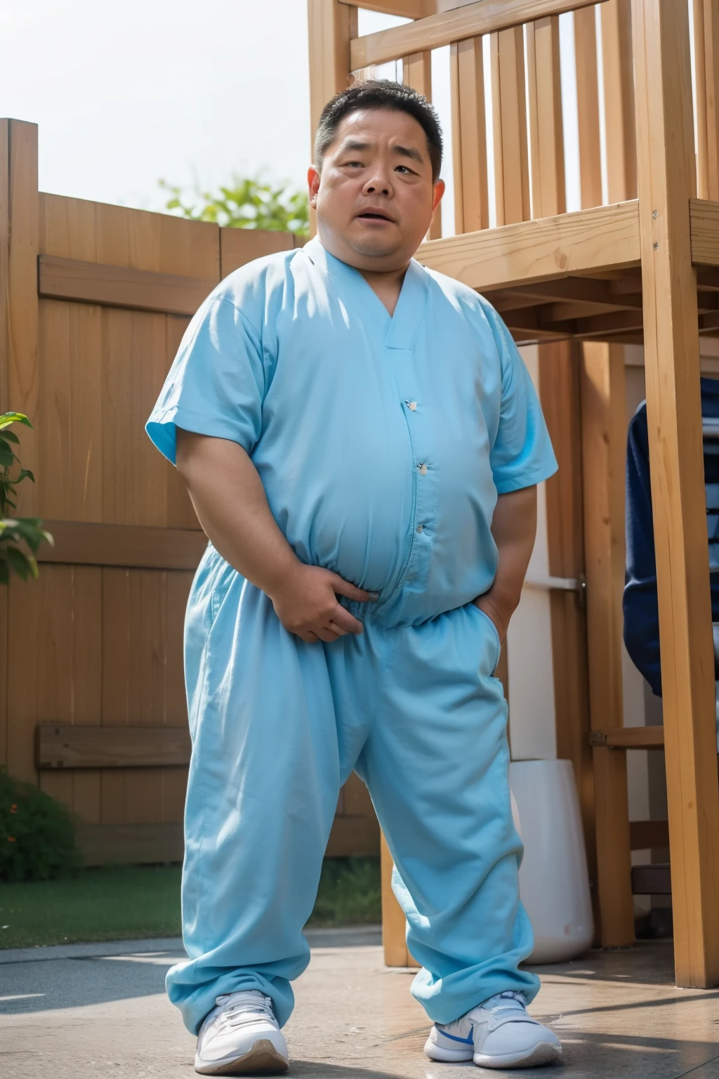 Disney Pixar style,A bald Chinese grandfather with a big belly,Wear flower reading glasses,Curl up at the foot of the bed,Very lonely crying