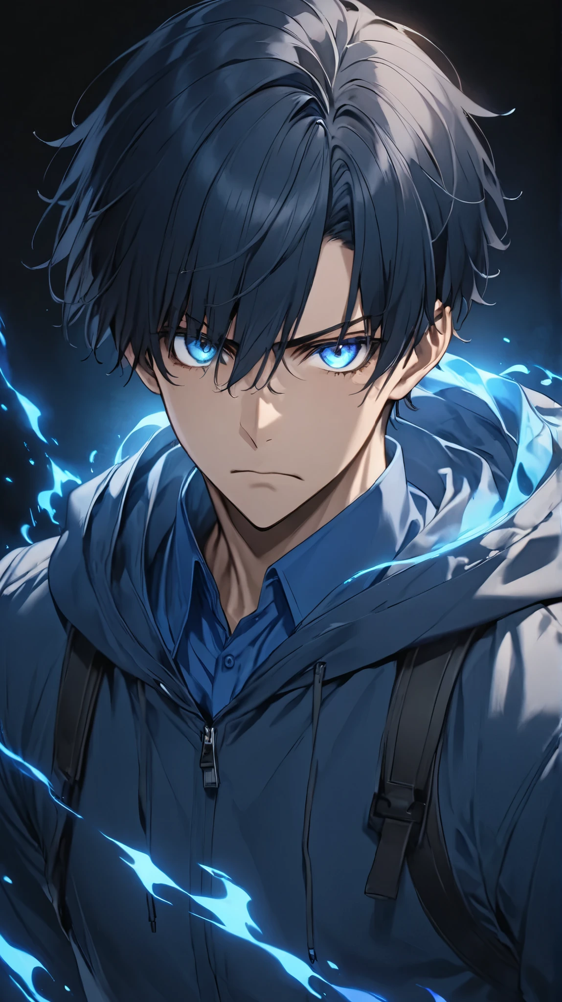 A young man with a blue aura, serious expression, furrowed brows, I Trail, Blue Shining Eyes, blue afterglow in the eyes, dark background