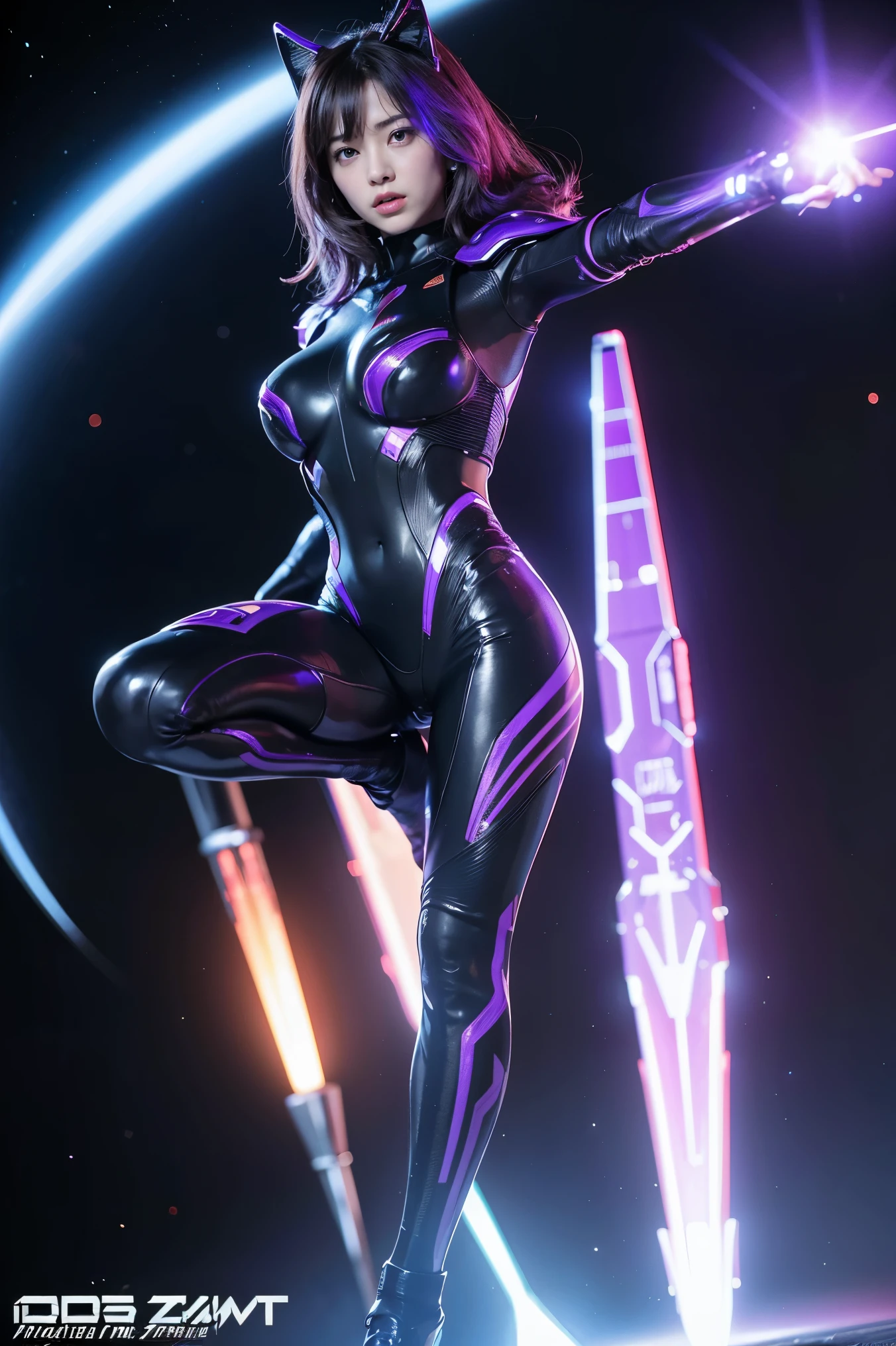 (RAW photo, top quality), (realistic, photorealistic:1.3), 1 girl、realisticbody、eggplant pattern combat uniform costume、 pyramid UFO flying from space、Dodge missiles 、Football tackle,ACTION POSE