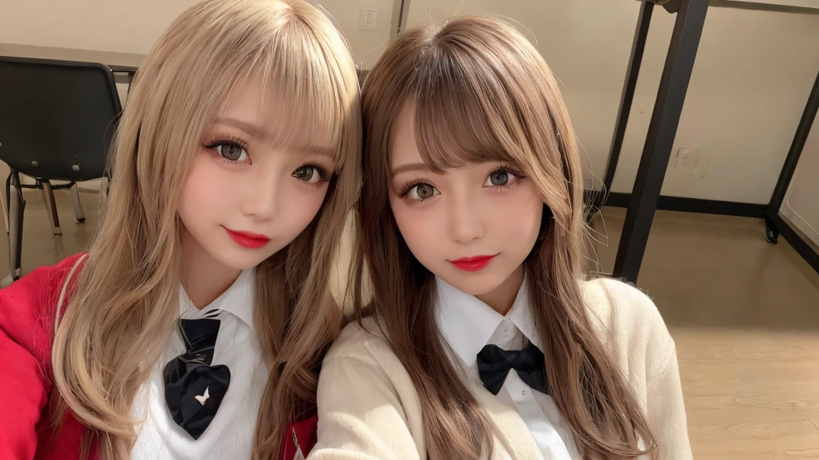 perfect anime illustration, 2girls, twin sisters, identical sisters, brown hair, blonde hair, (1 blonde girl, 1 brown haired girl, different hair colors), curly hair, matching hairstyle, hazel eyes, smiling, ((matching outfits)), matching hairstyles, white background, highres, full body, pose